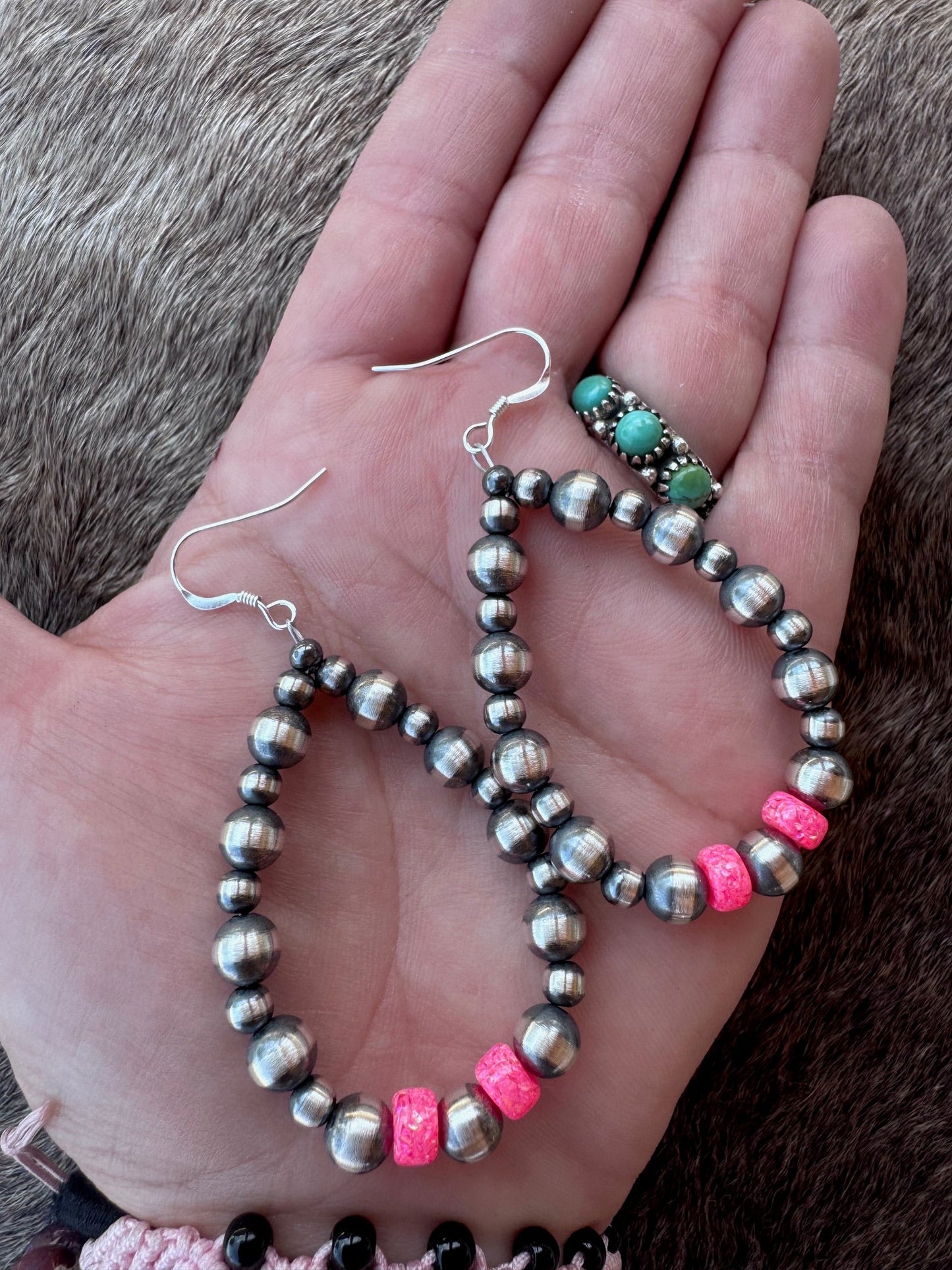 Handcrafted Hot Pink Fire Opal & Sterling Silver Pearl 4-6mm Beaded Hoop Dangle Earring