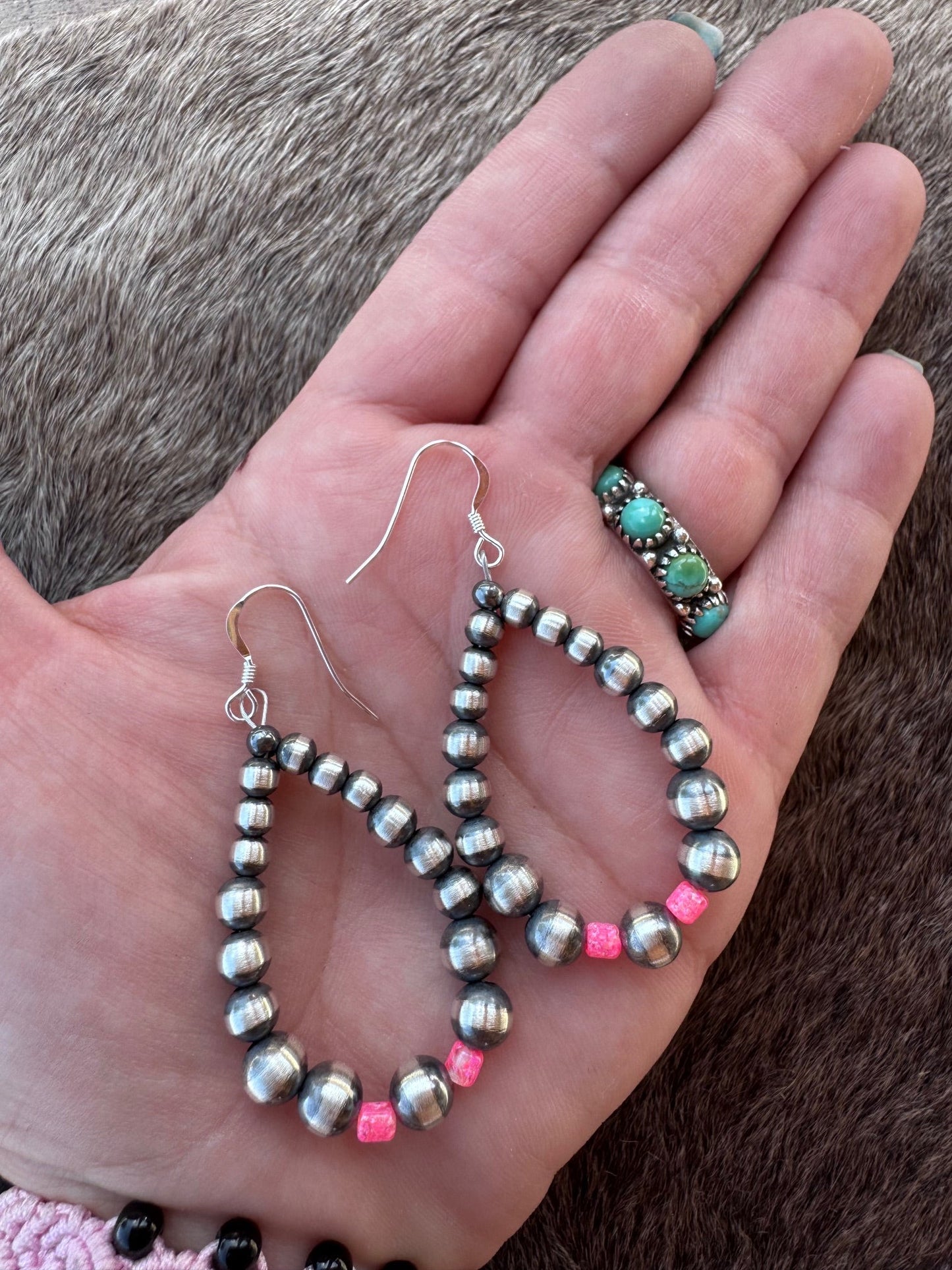 Handcrafted Hot Pink Fire Opal & Sterling Silver Pearl 4-6mm Beaded Hoop Dangle Earring