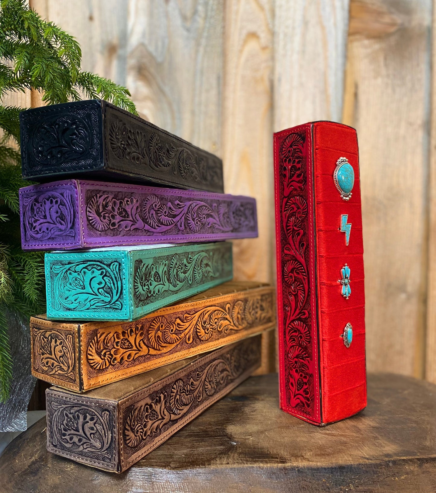 Red Tooled Leather Ring Holder
