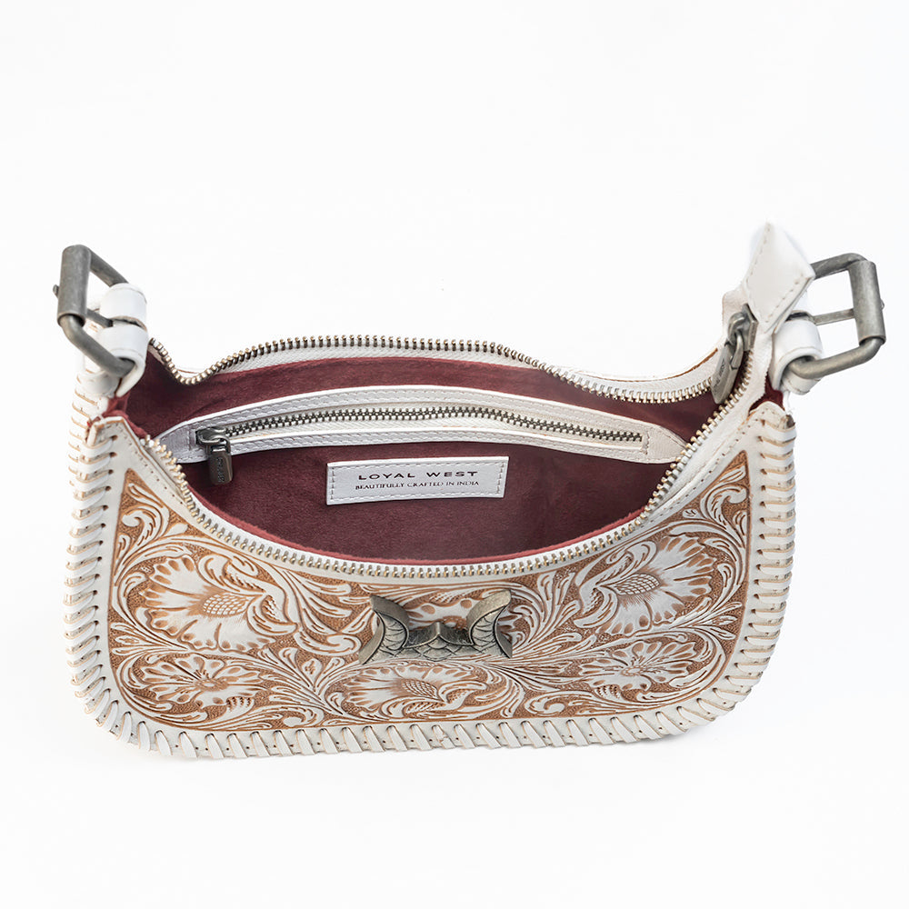 Loyal West DANNIA MEDIUM PURSE - IVORY DUST HANDTOOLED LEATHER AND CALFSKIN