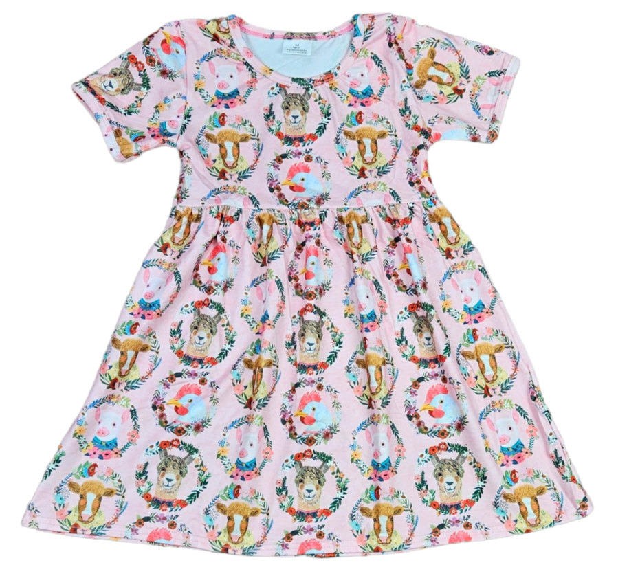 Pink Farm Animal Short Sleeve Milk Silk Dress