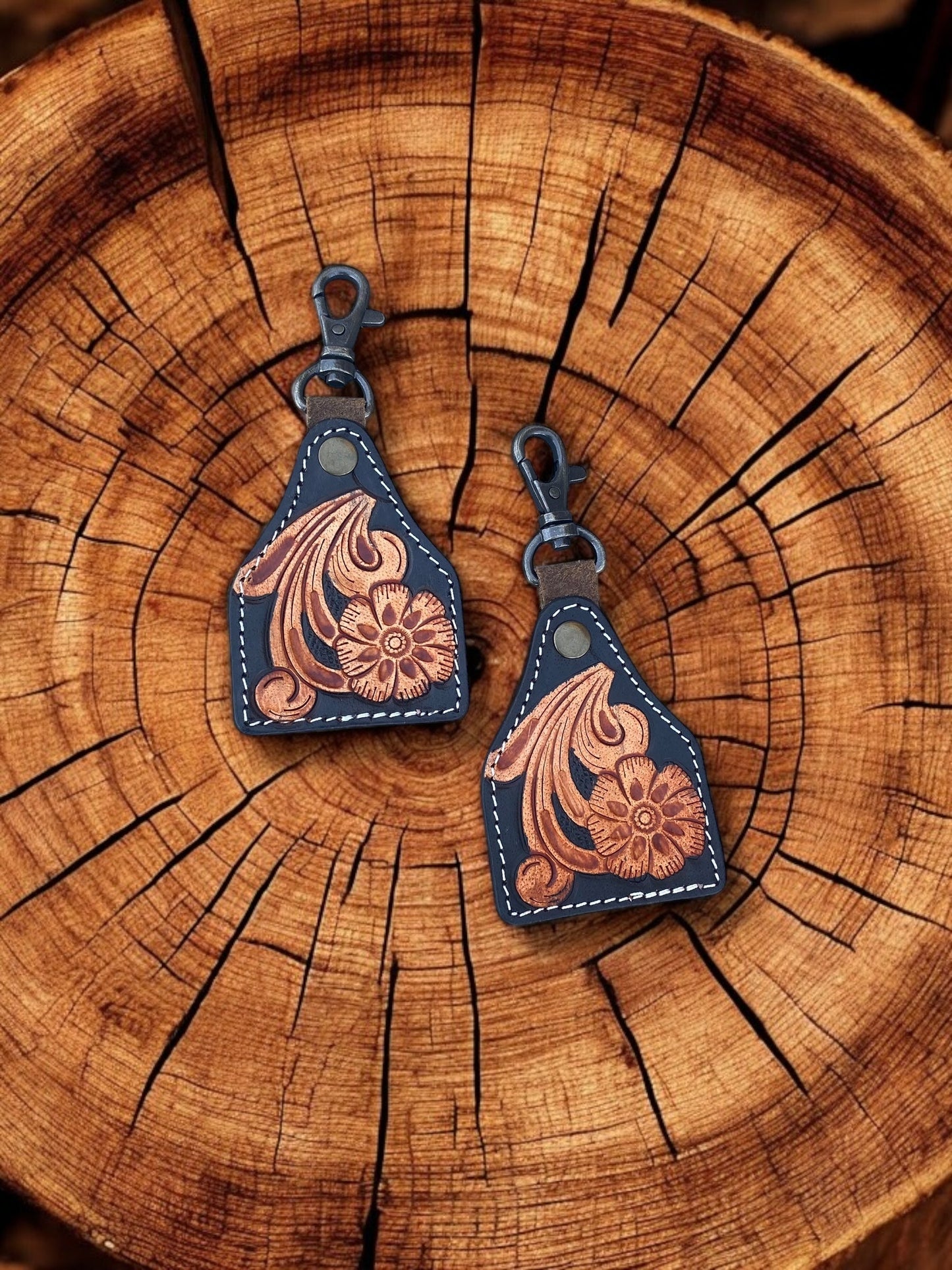 Flower Tooled Leather Keychain