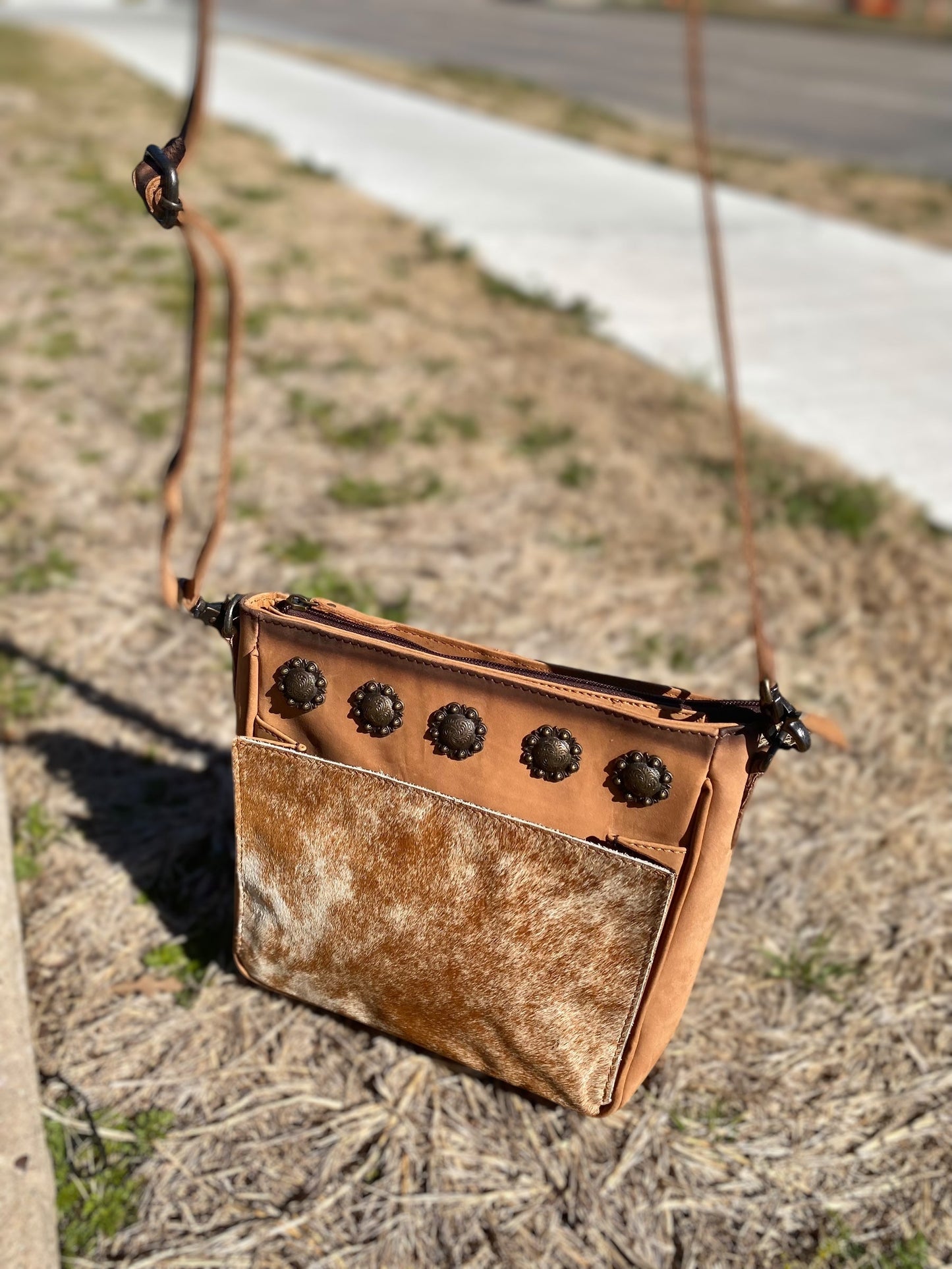 Cowhide Crossbody Burn Tooled Leather