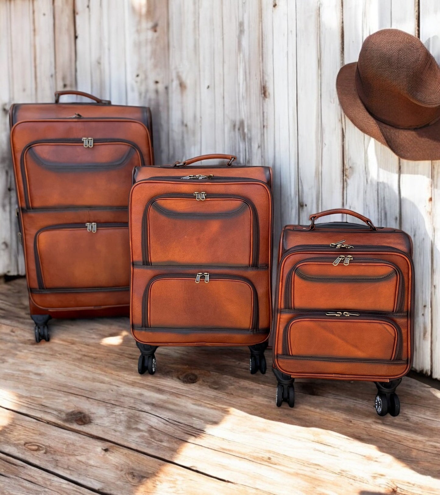 Large Burn Leather Rolling Suitcase Carry Luggage