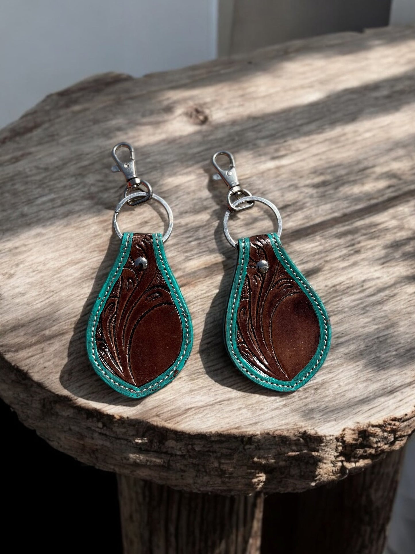 Brown Tooled Leather Keychains