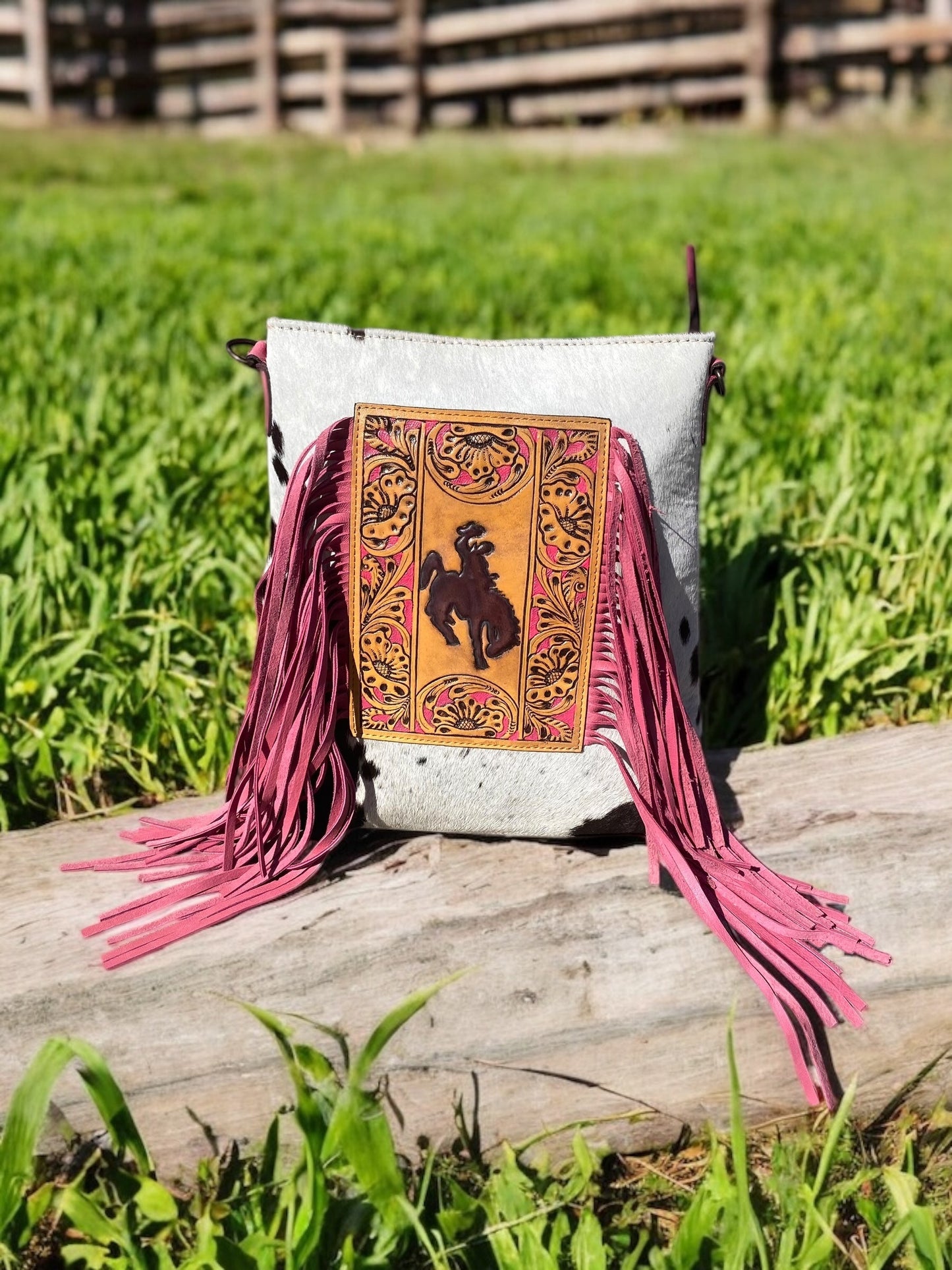 Pink Bucking Horse Cowhide & Fringe Crossbody