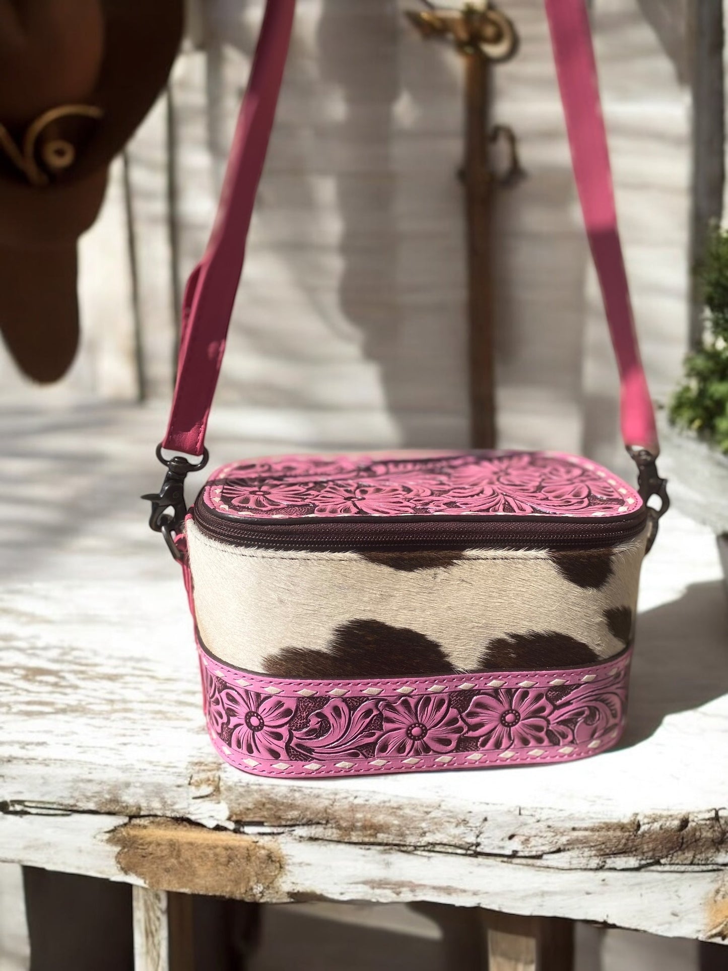 Cowhide & Pink Leather Make-Up Box Crossbody
