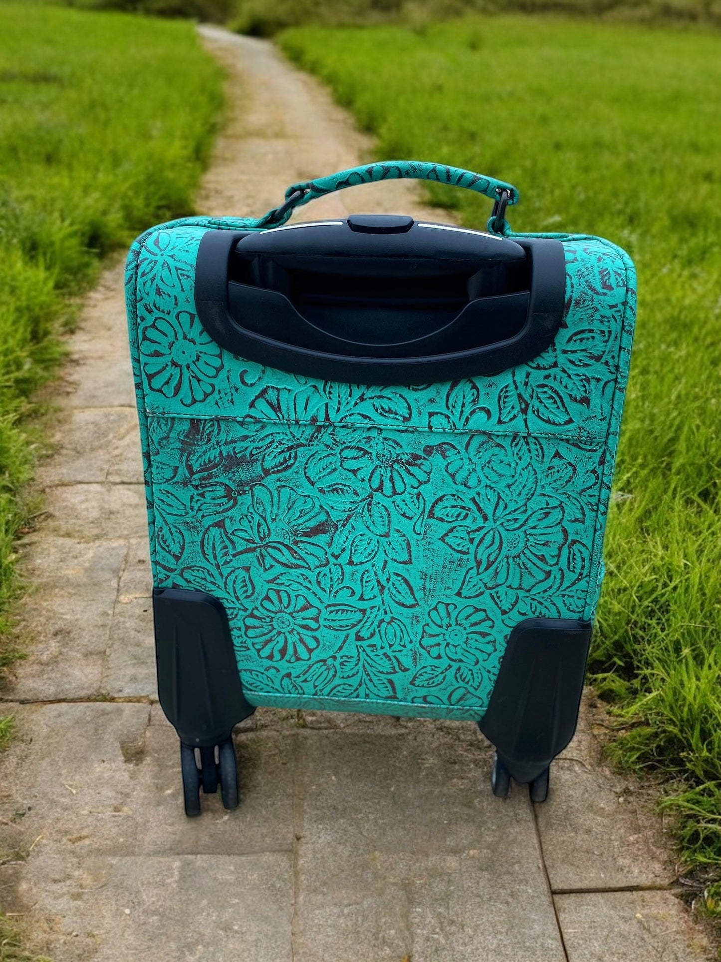 Mini Turquoise Rolling Carry Luggage Tooled Leather