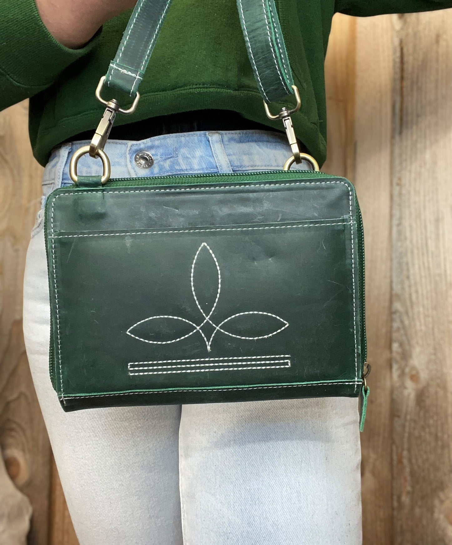 Emerald BootStitch Rustic Leather Clutch Crossbody