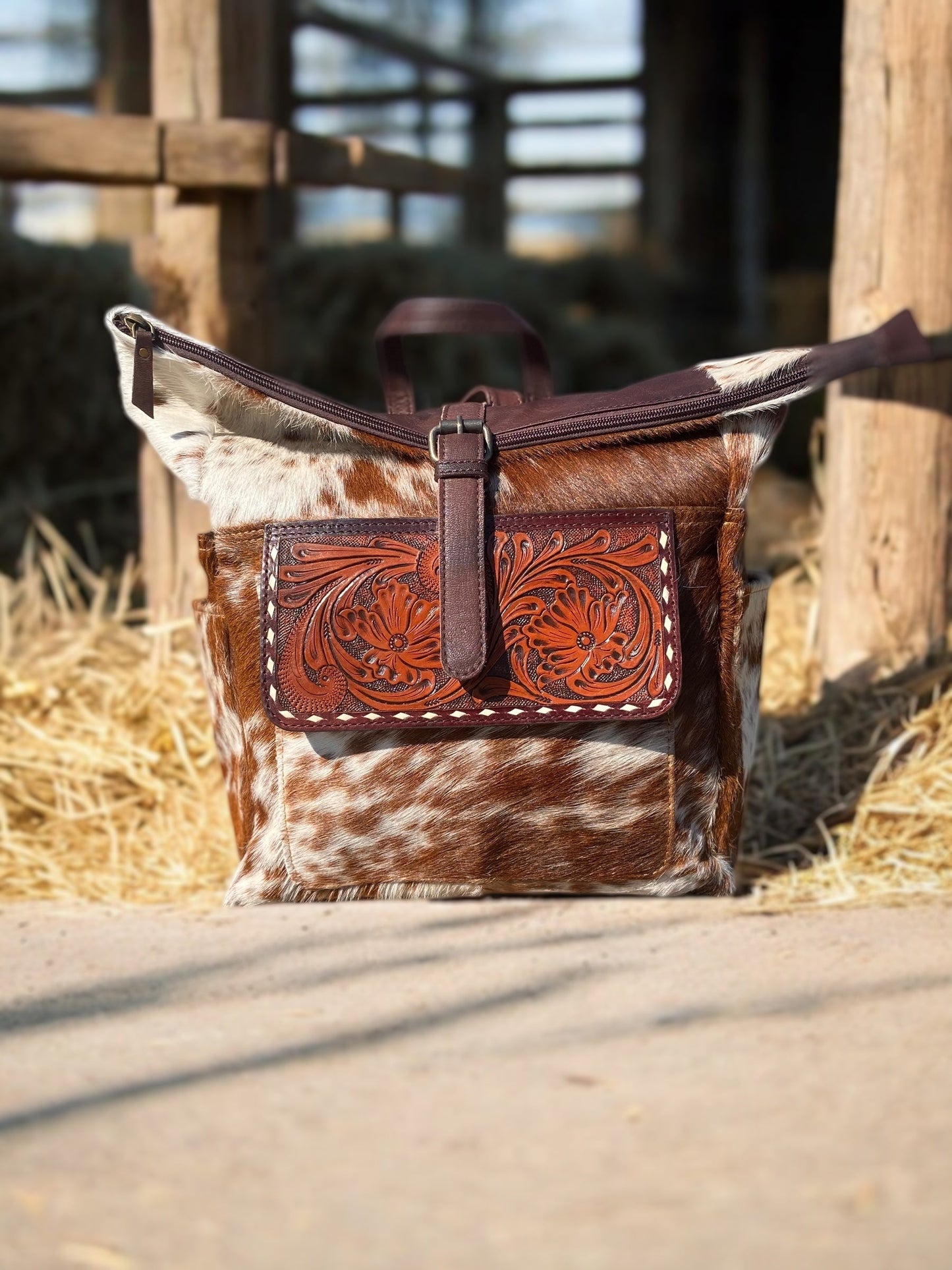 Cowhide Backpack Tooled Fold Leather