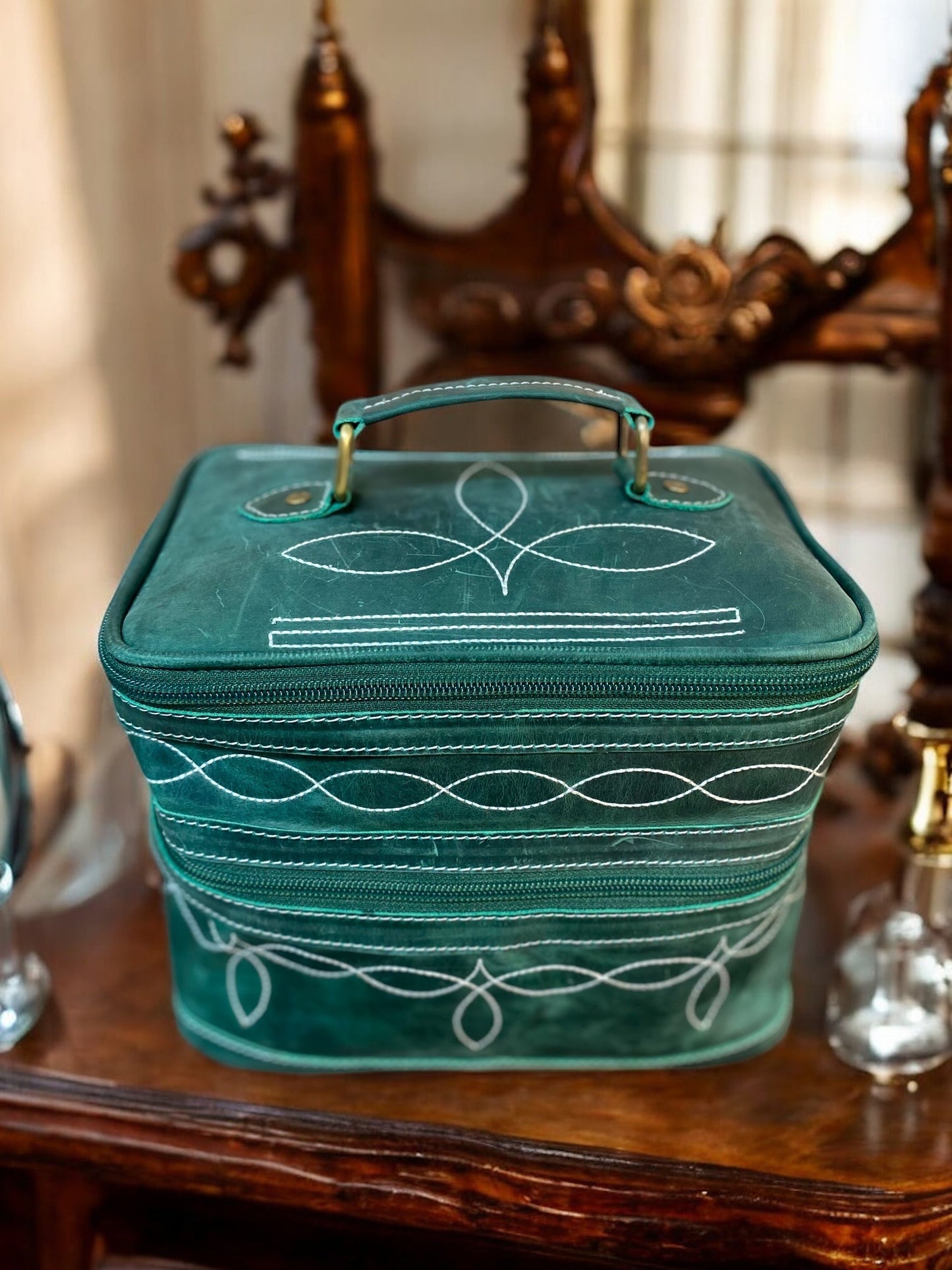 Emerald Green BootStitch Hand Mirror Makeup Box
