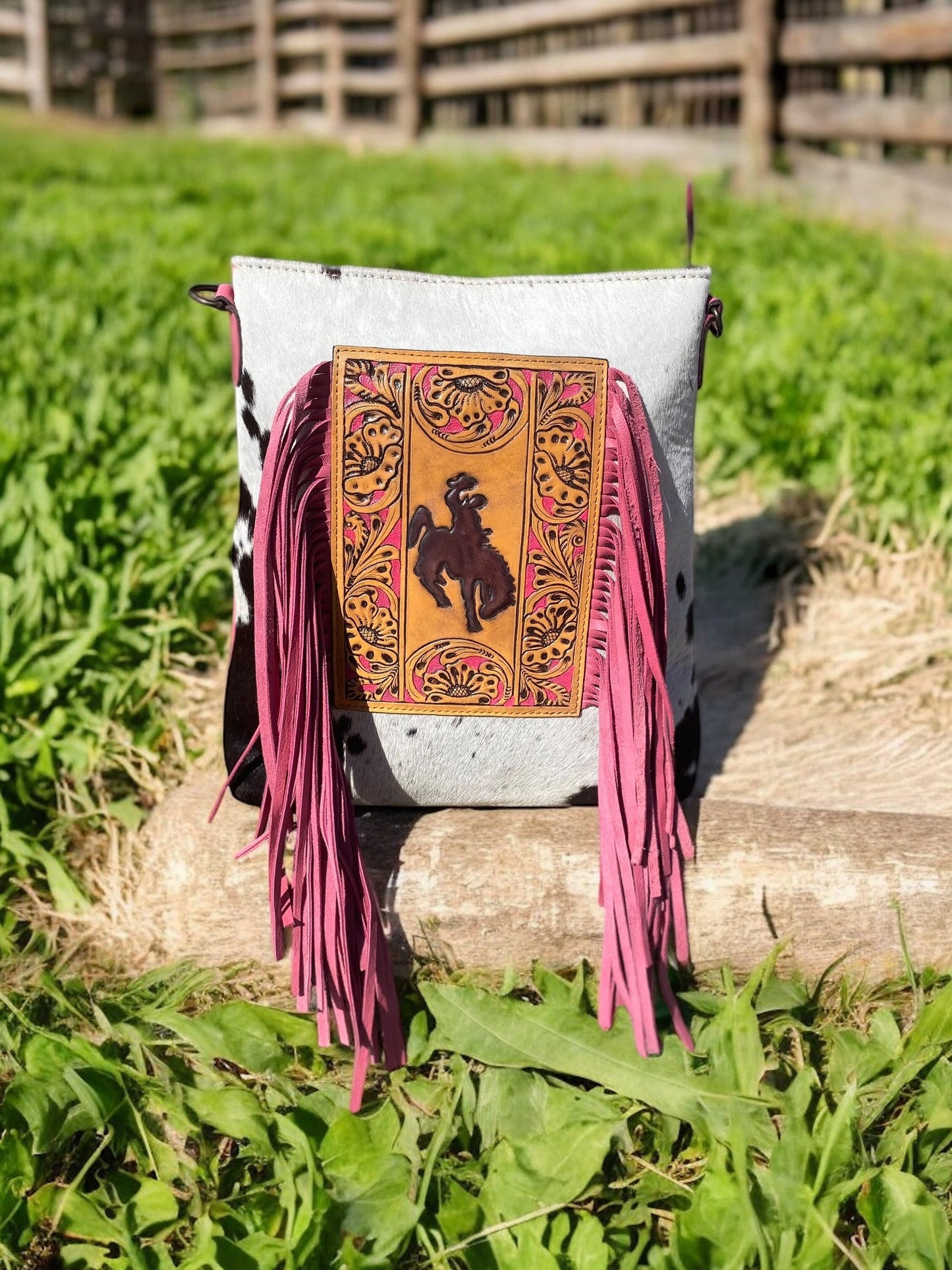 Pink Bucking Horse Cowhide & Fringe Crossbody