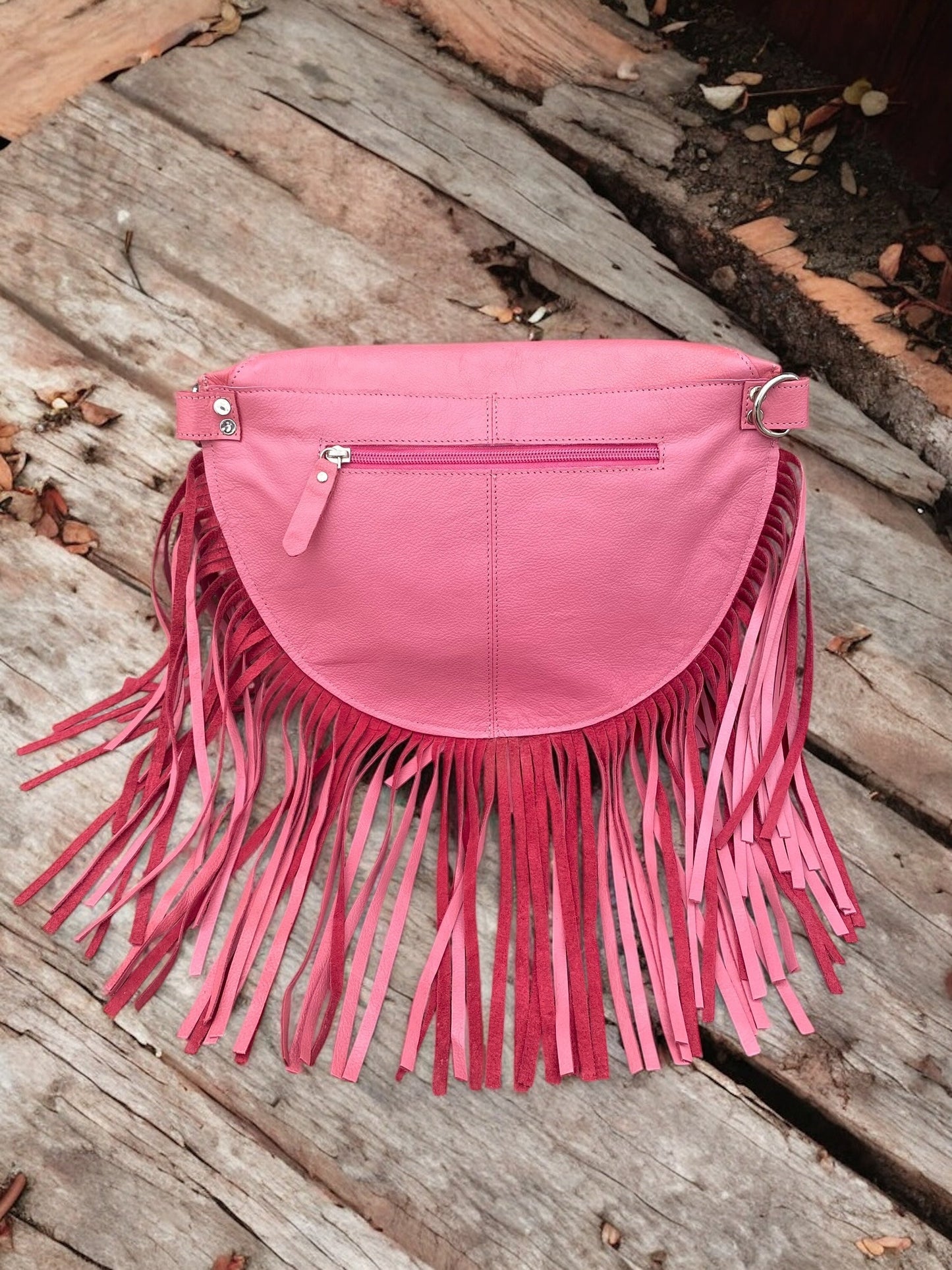 Pink Cowhide Concho Aztec Fringe Crossbody