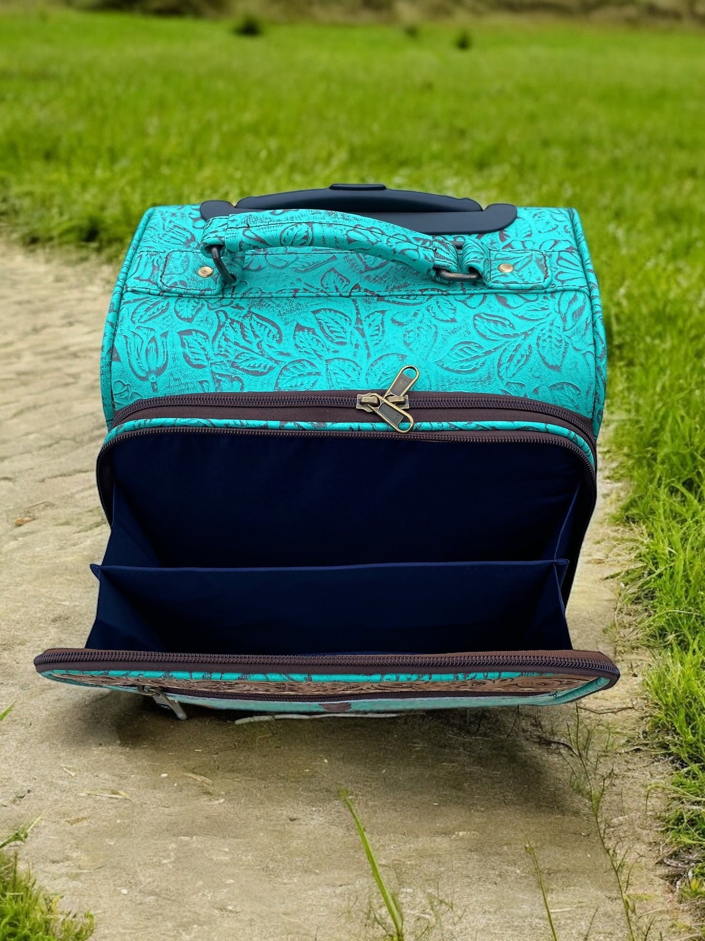 Mini Turquoise Rolling Carry Luggage Tooled Leather