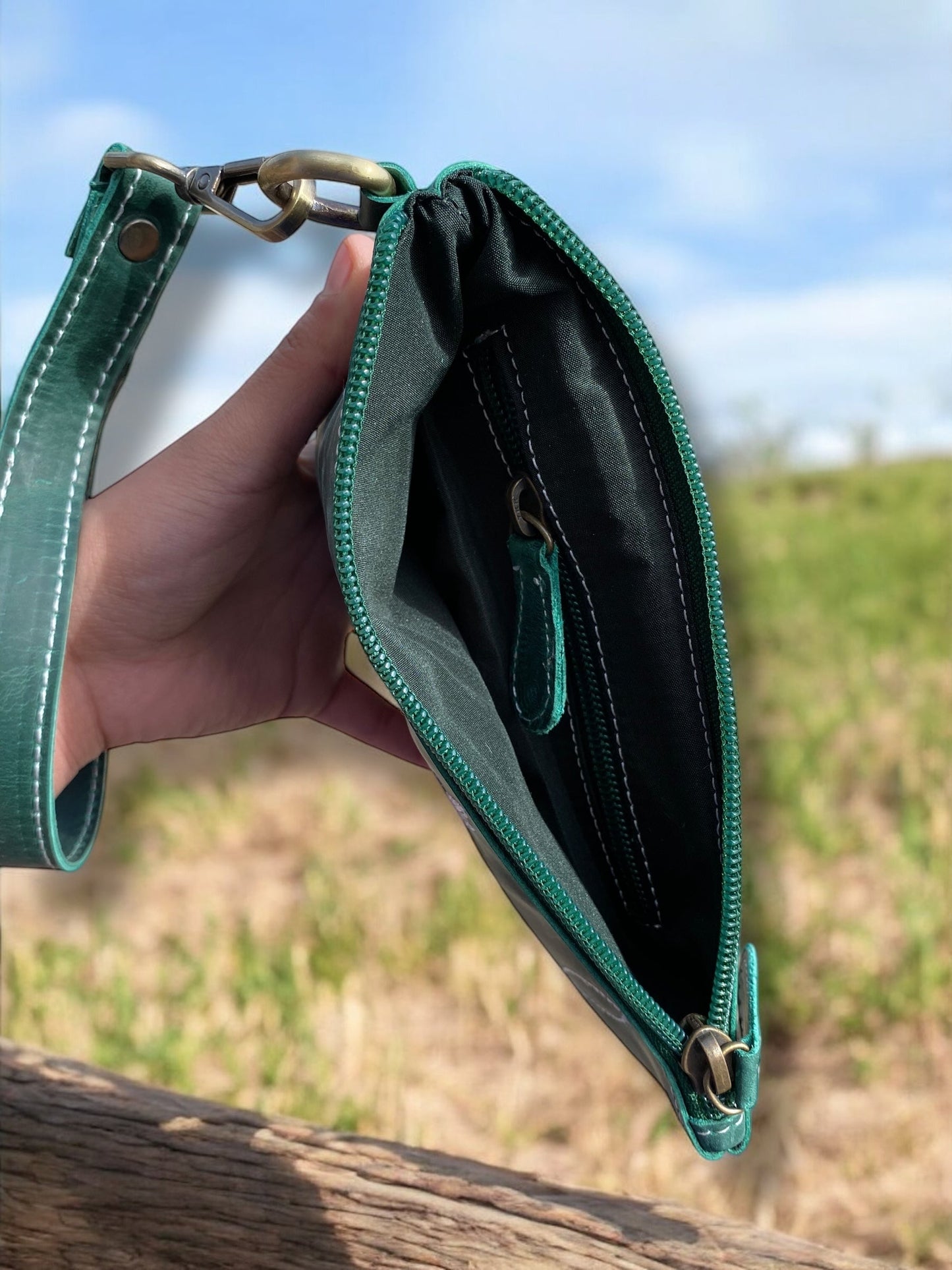 Emerald Boot-Stitch II Tooled Rustic Leather Wristlet