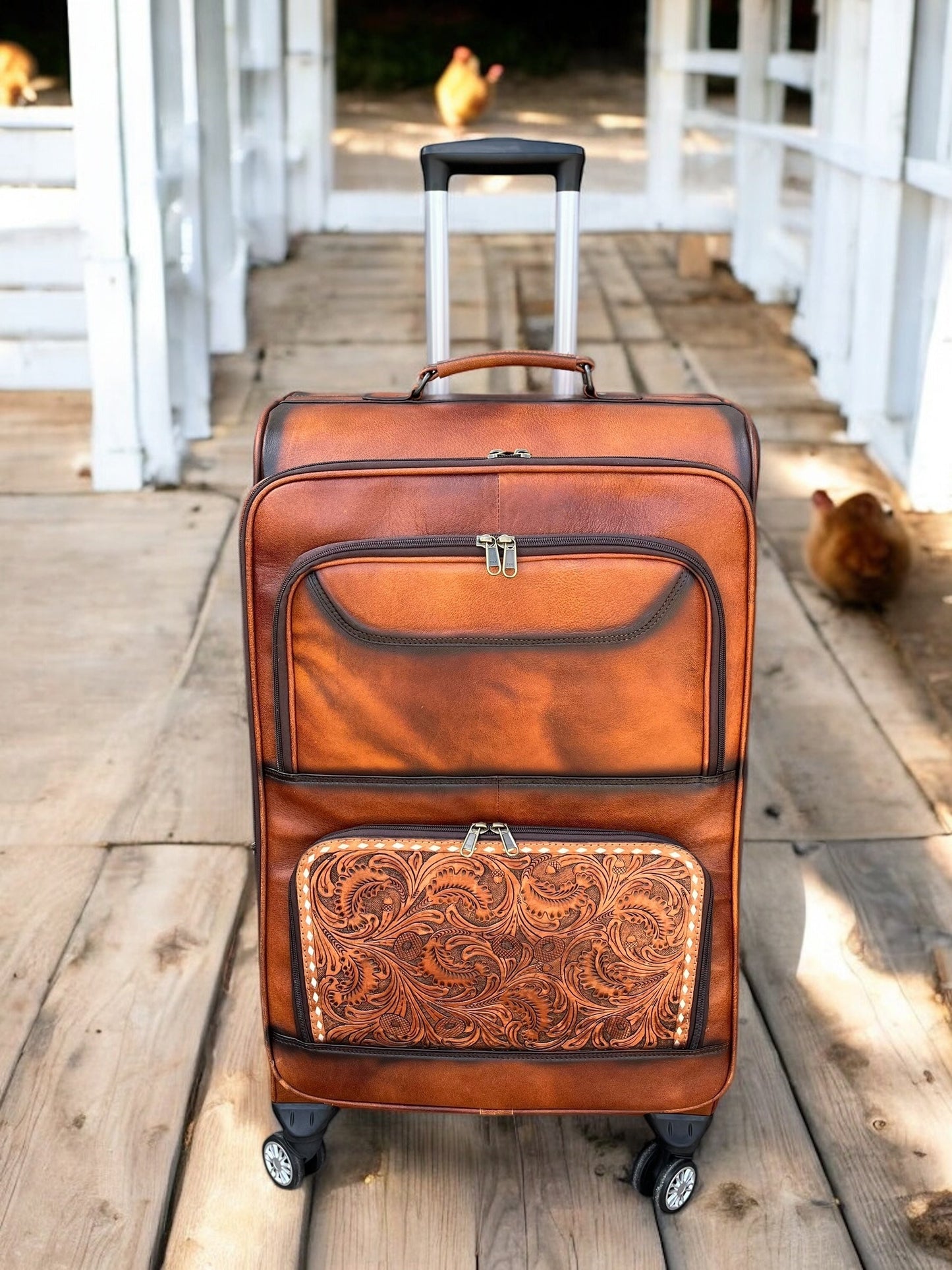 Large Burn Tooled Leather Rolling Suitcase Carry Luggage