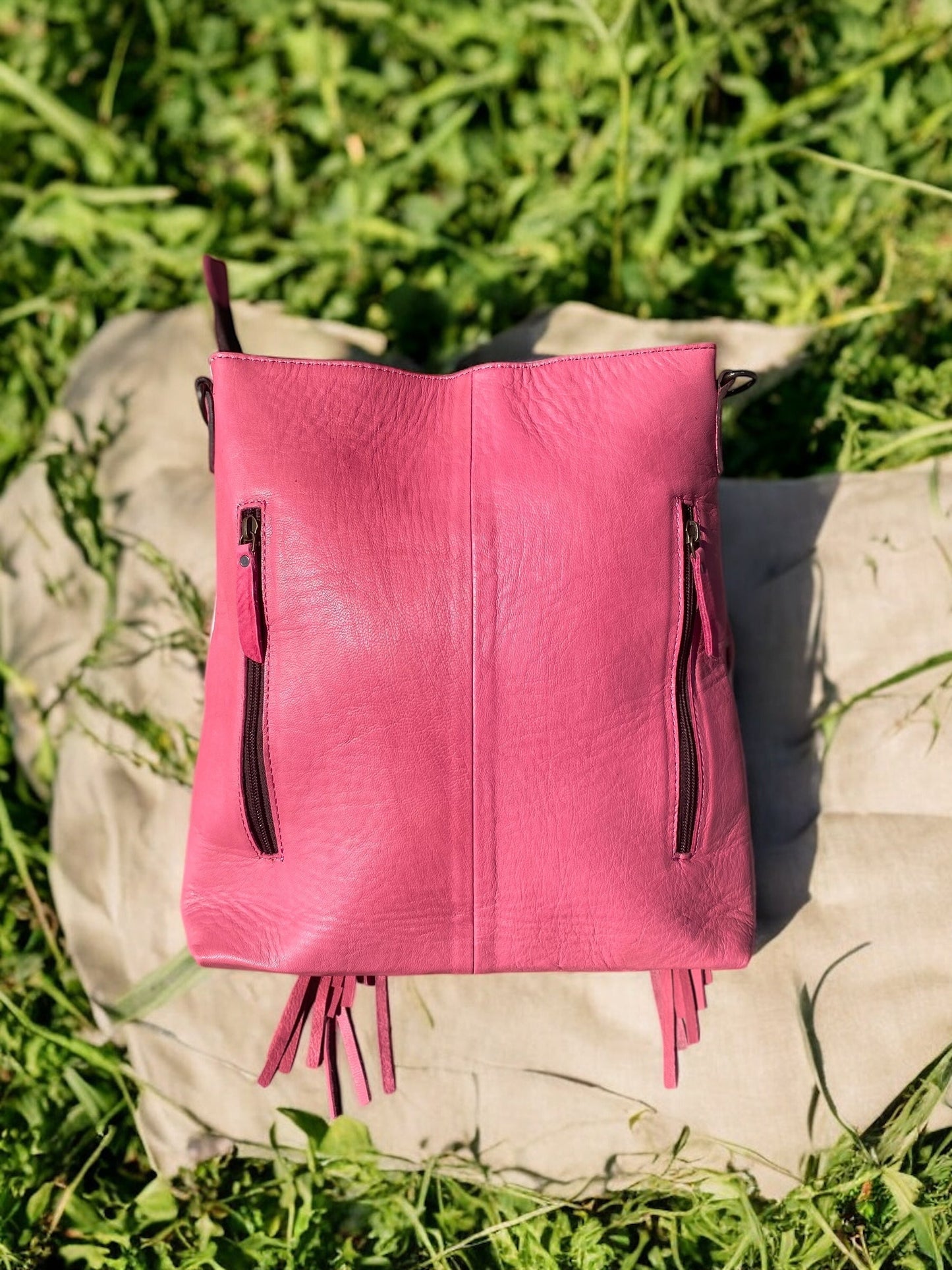 Pink Bucking Horse Cowhide & Fringe Crossbody