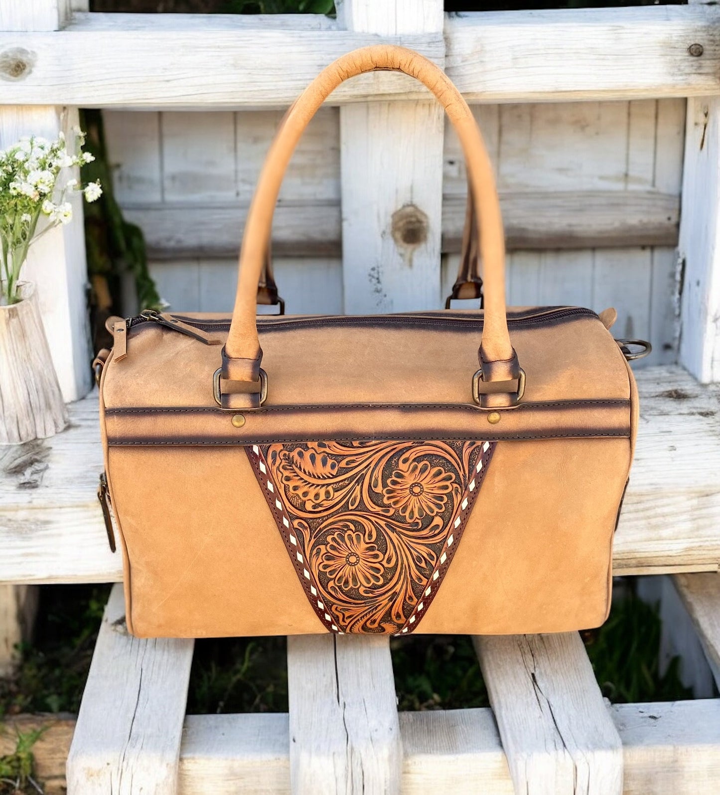 Burn Tooled Leather Duffle Bag