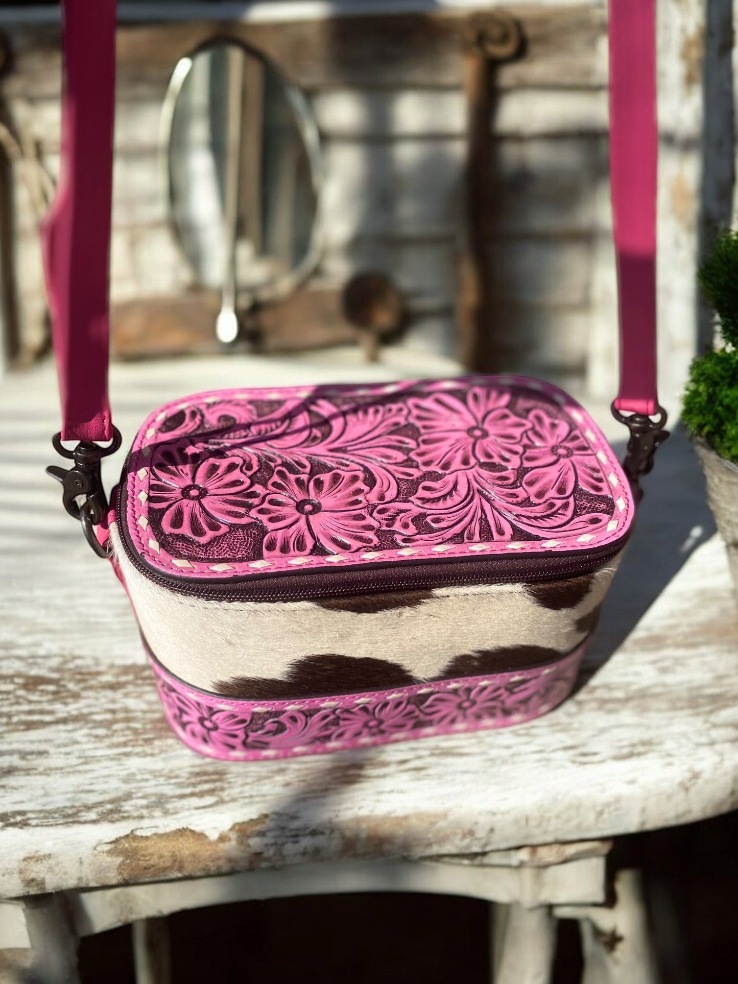 Cowhide & Pink Leather Make-Up Box Crossbody
