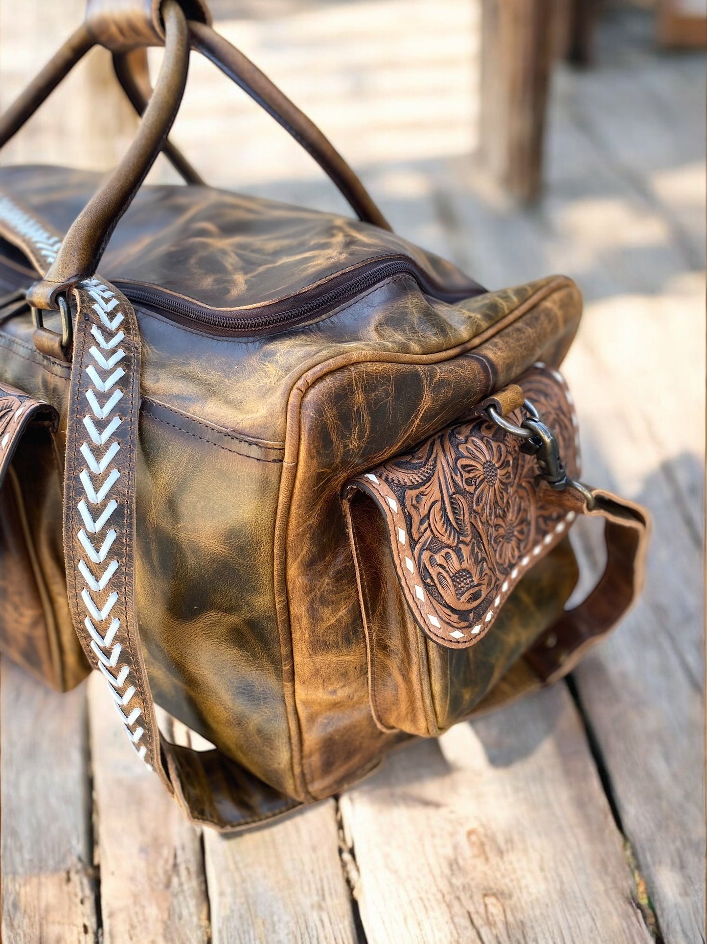 Rustic Tooled Leather Duffle Bag