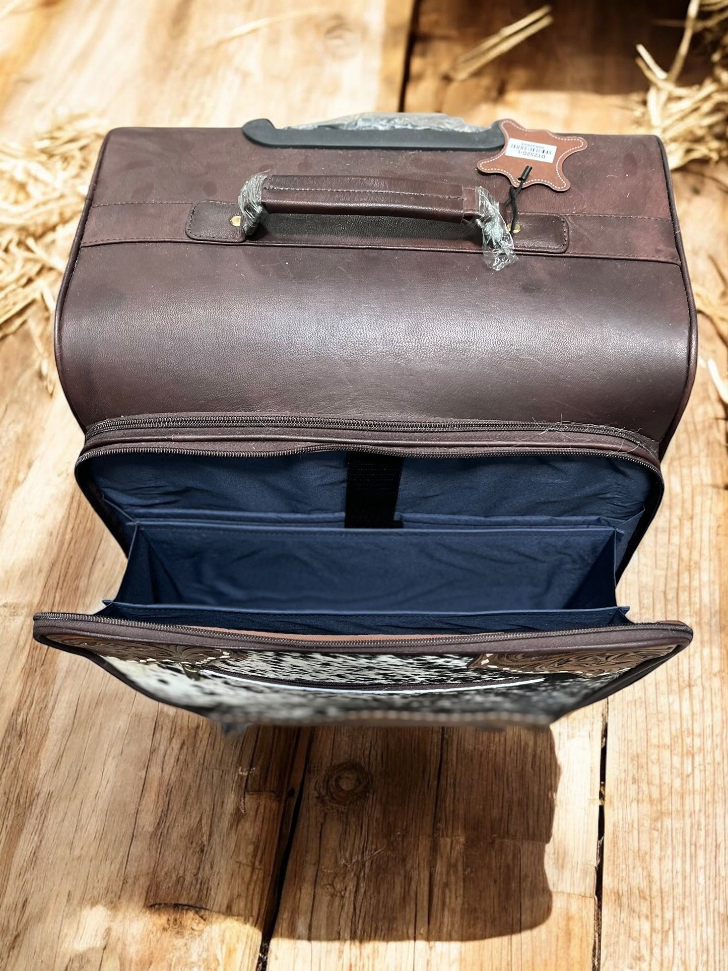 Large Cowhide & Tooled Leather Rolling Suitcase
