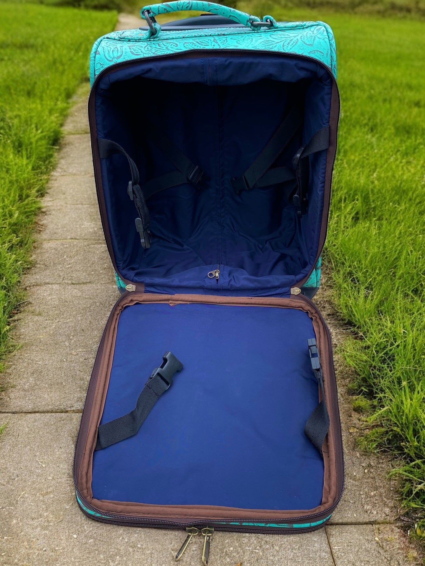 Mini Turquoise Rolling Carry Luggage Tooled Leather
