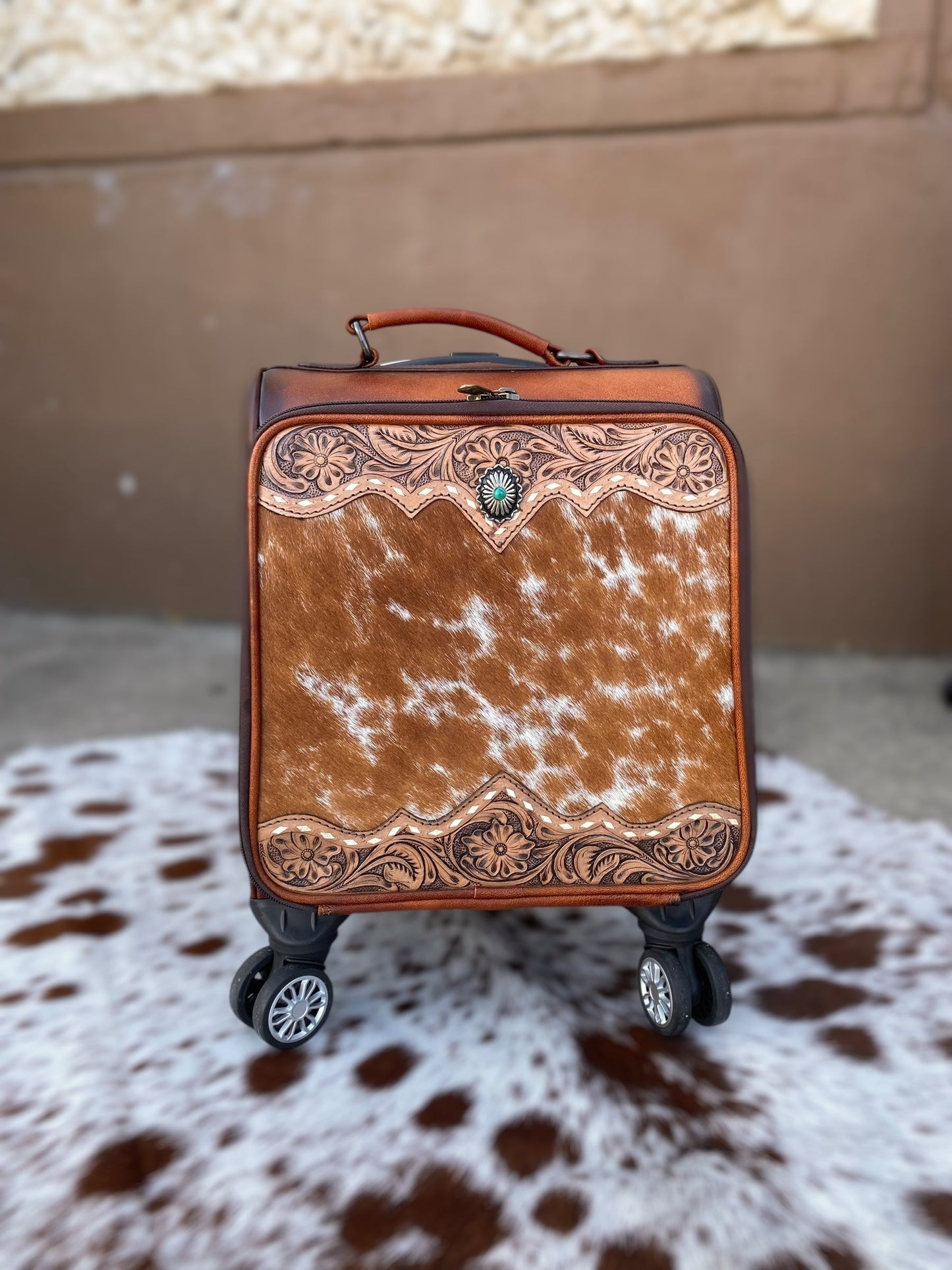 Small Burn Leather Rolling Cowhide Suitcase Carry Luggage