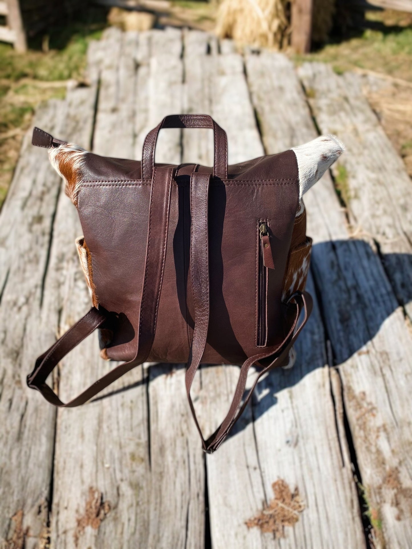 Cowhide Backpack Tooled Fold Leather