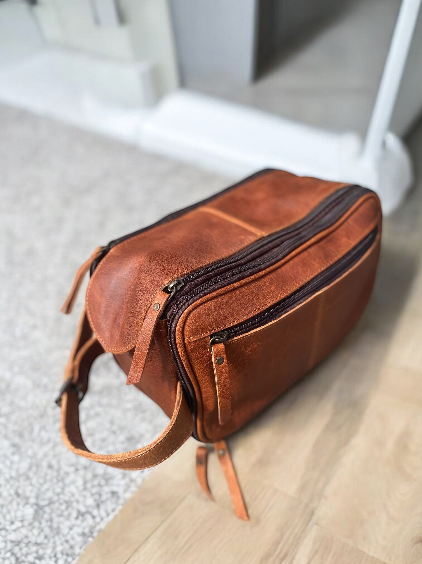 Double Zipper Rust Leather Toiletry Bag