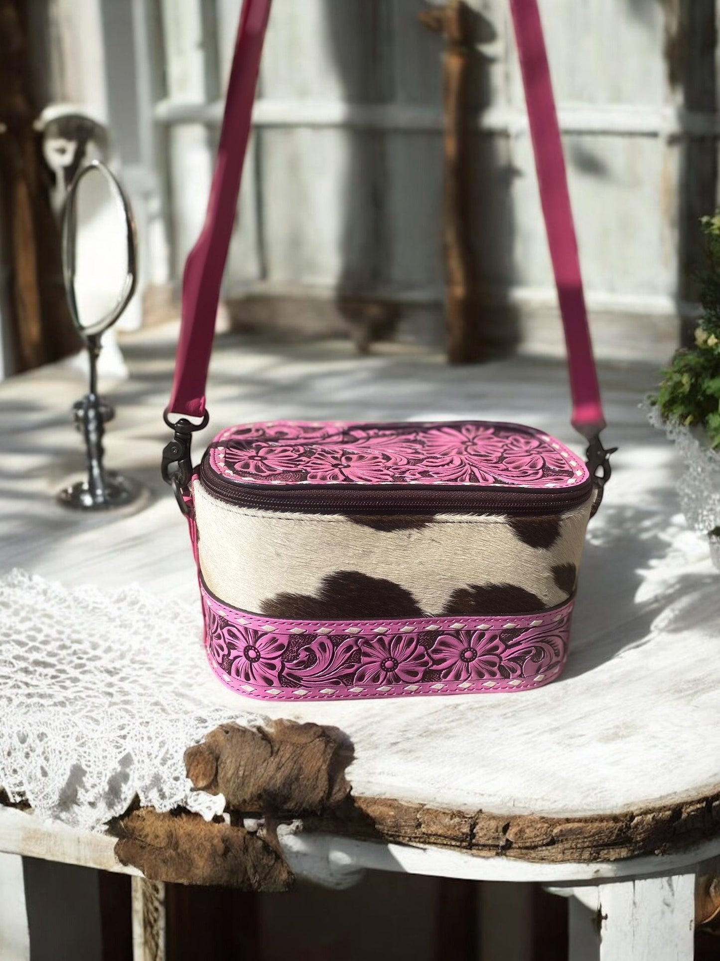 Cowhide & Pink Leather Make-Up Box Crossbody
