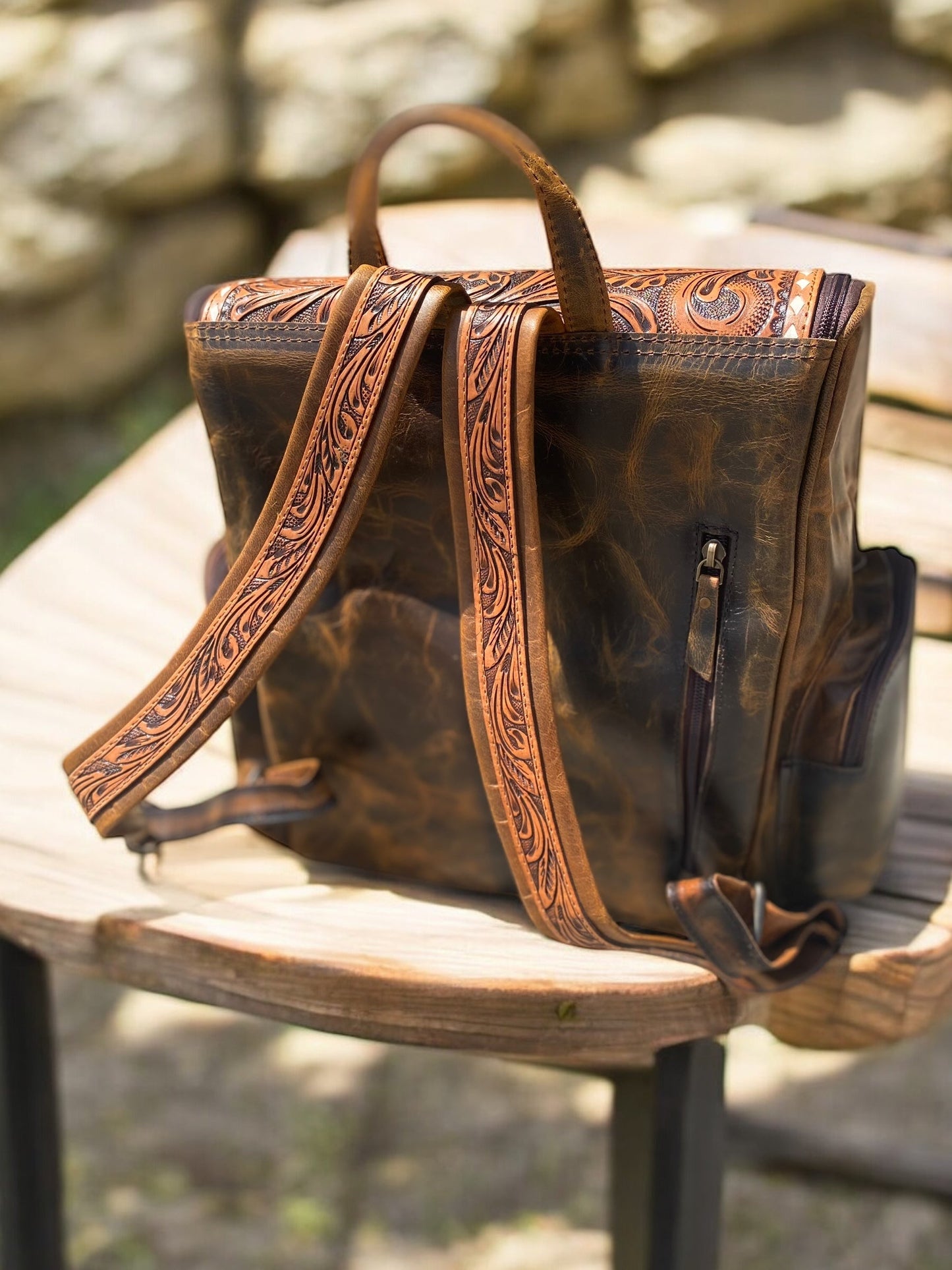 Bucking Horse Tooled Leather Vintage Backpack