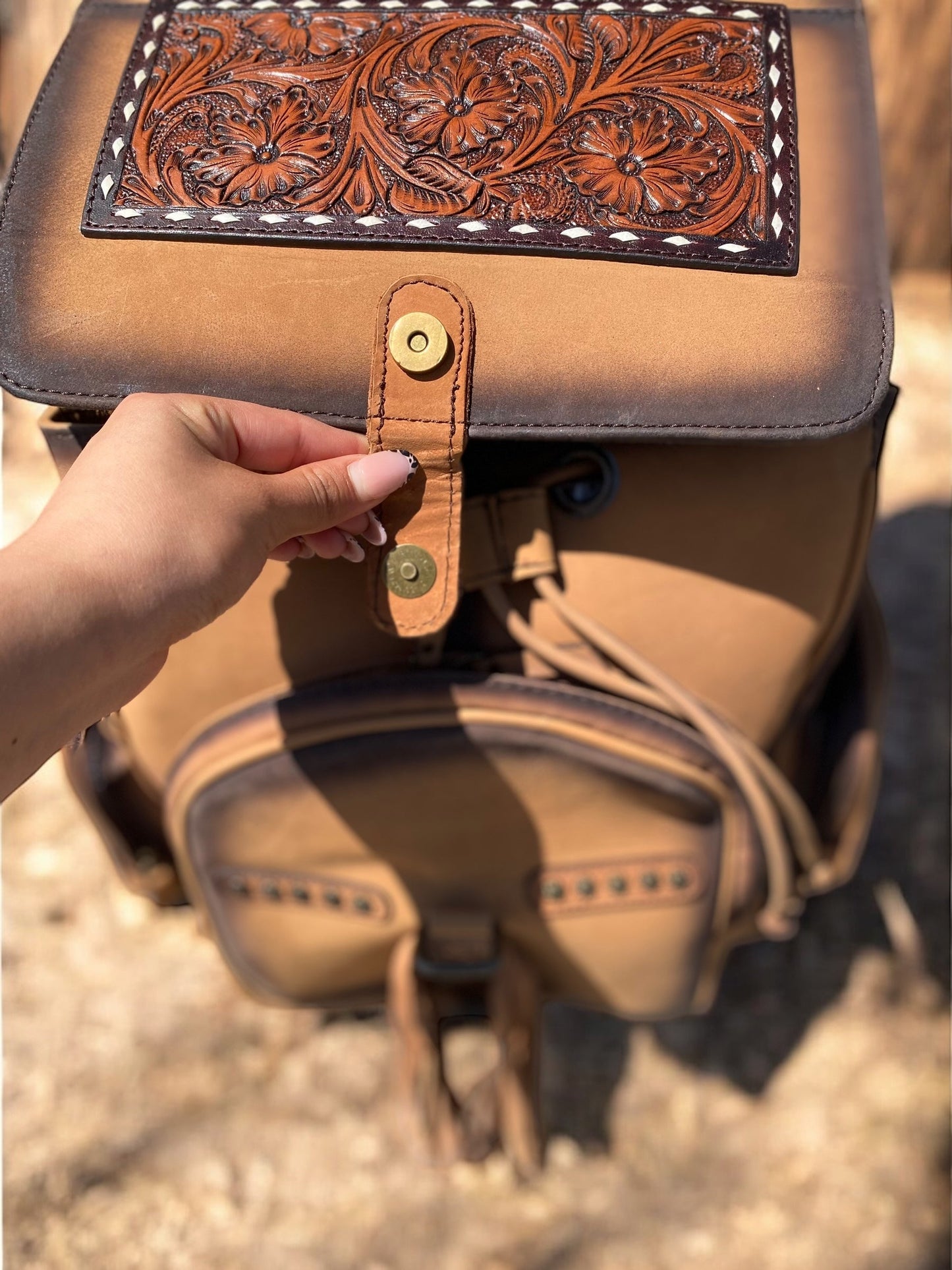 Burn & Tooled Leather Fringe Backpack