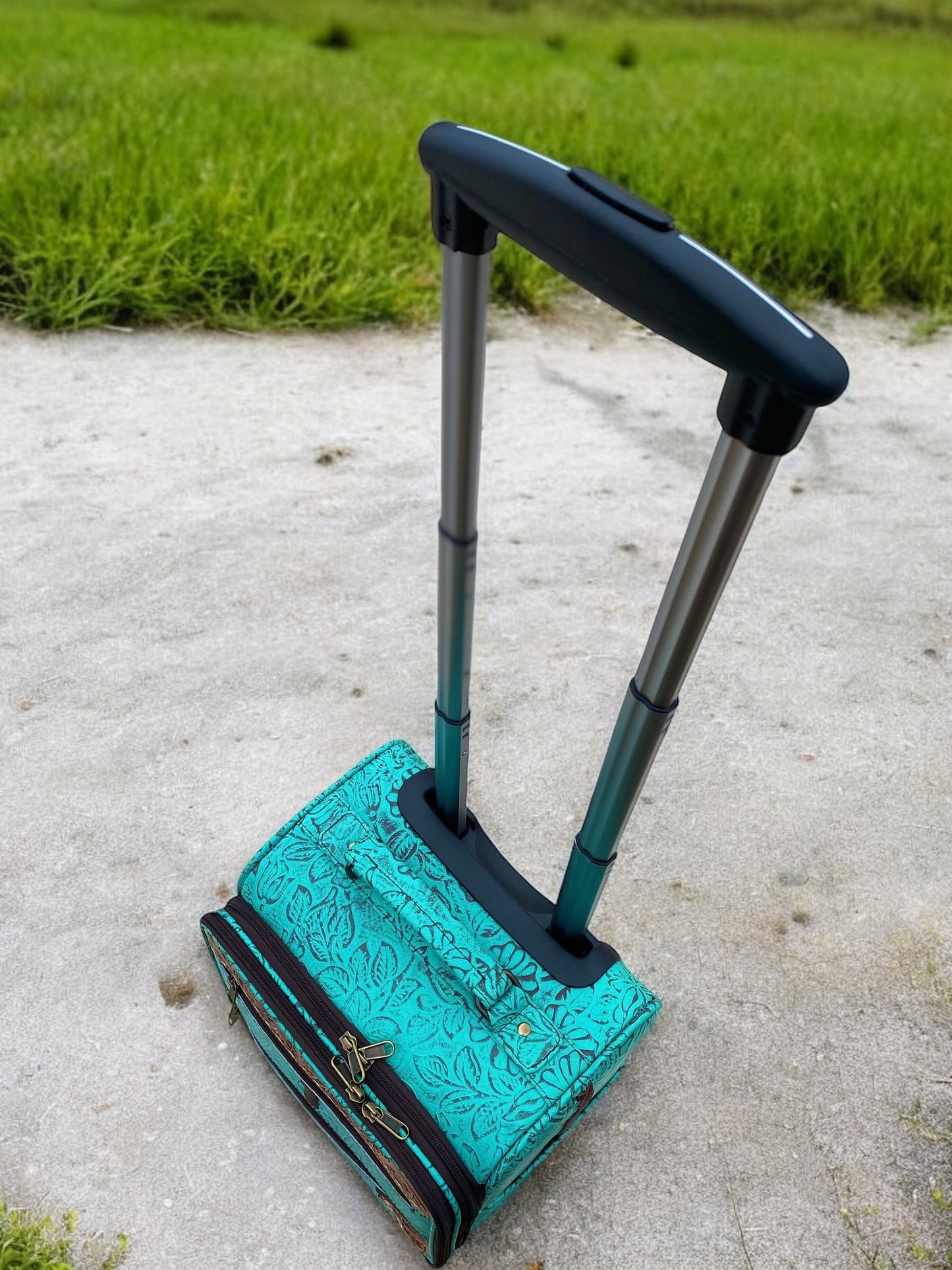 Mini Turquoise Rolling Carry Luggage Tooled Leather
