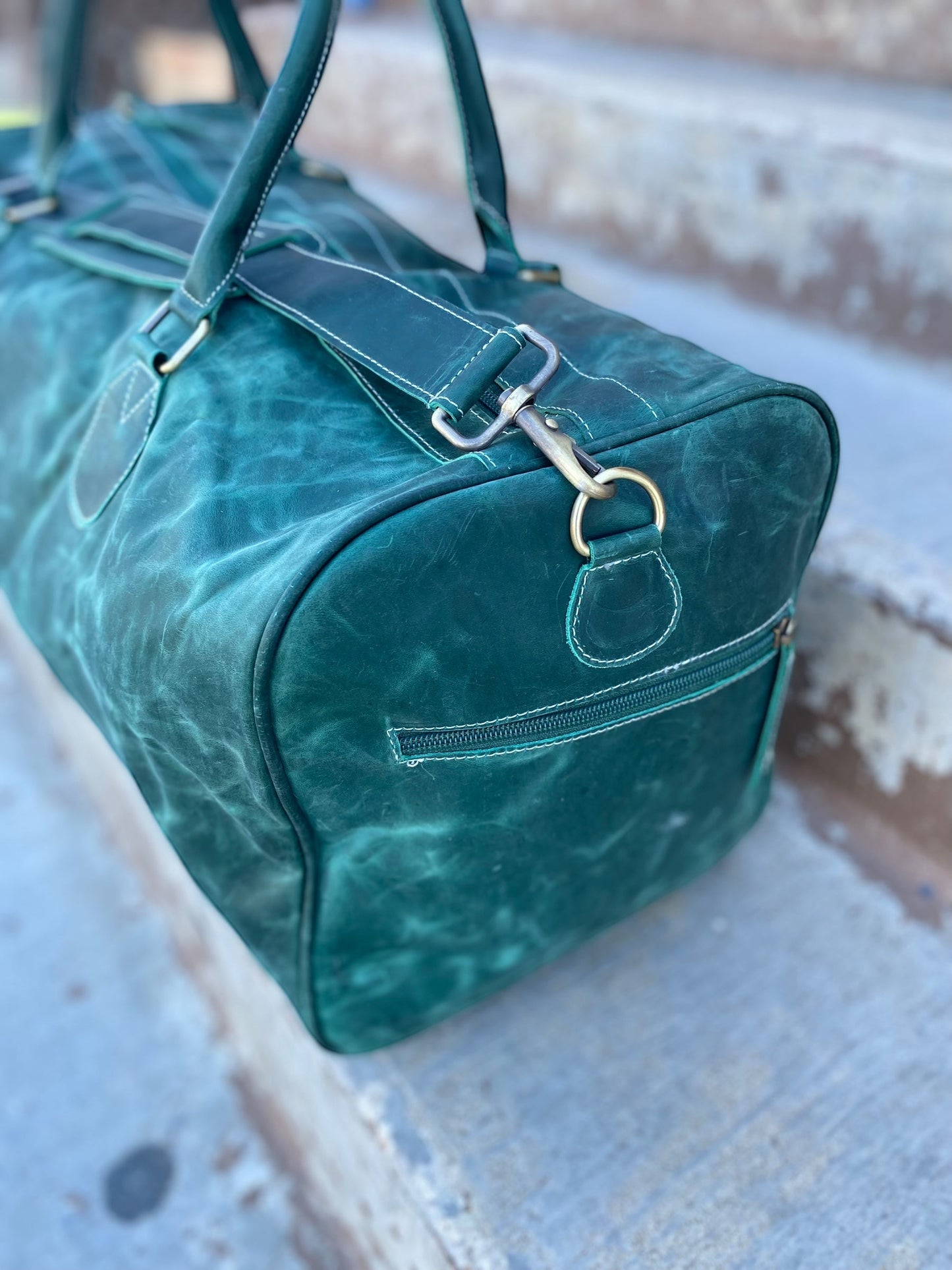 Emerald Rustic Leather Duffle Bag