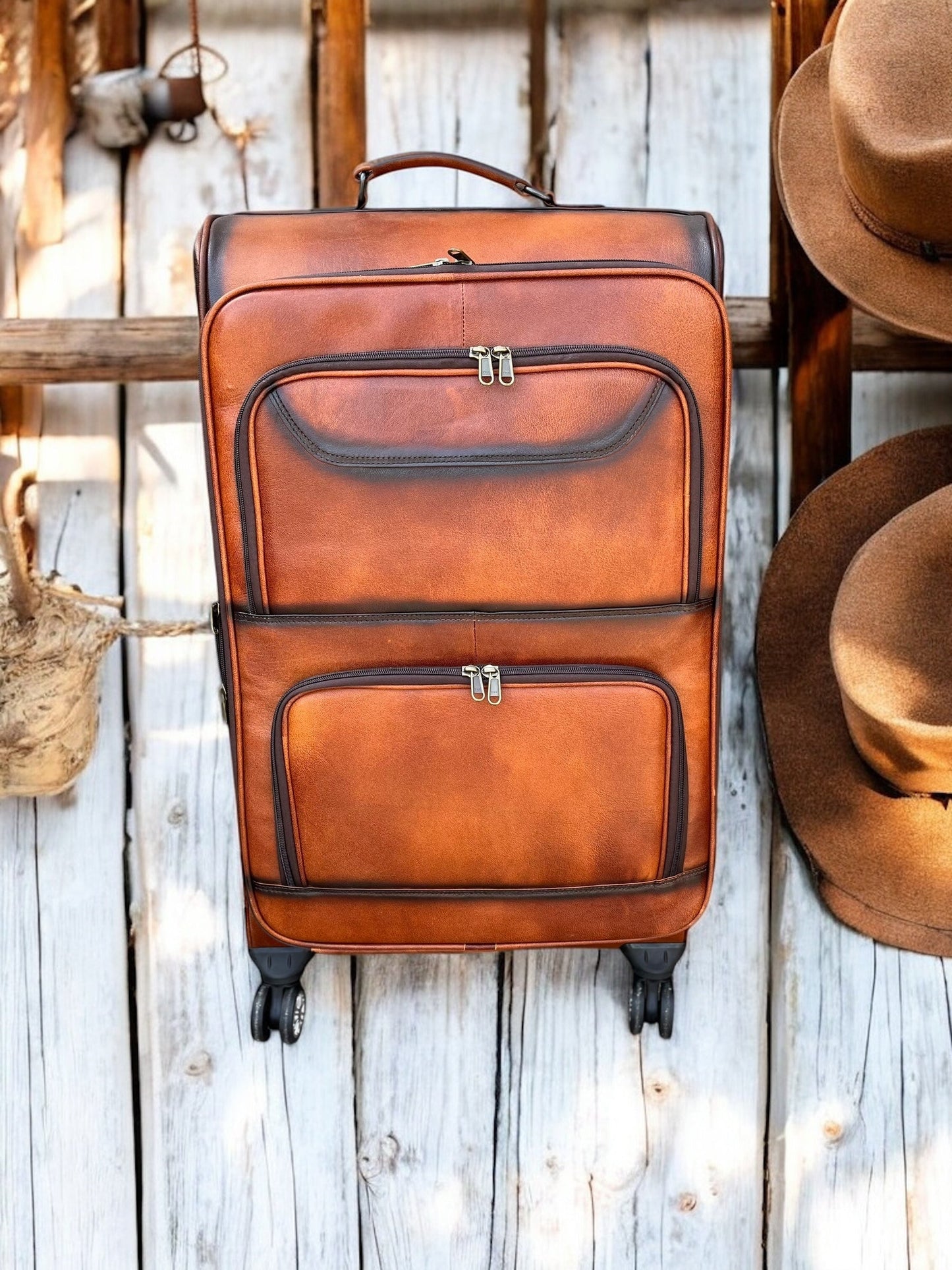 Large Burn Leather Rolling Suitcase Carry Luggage