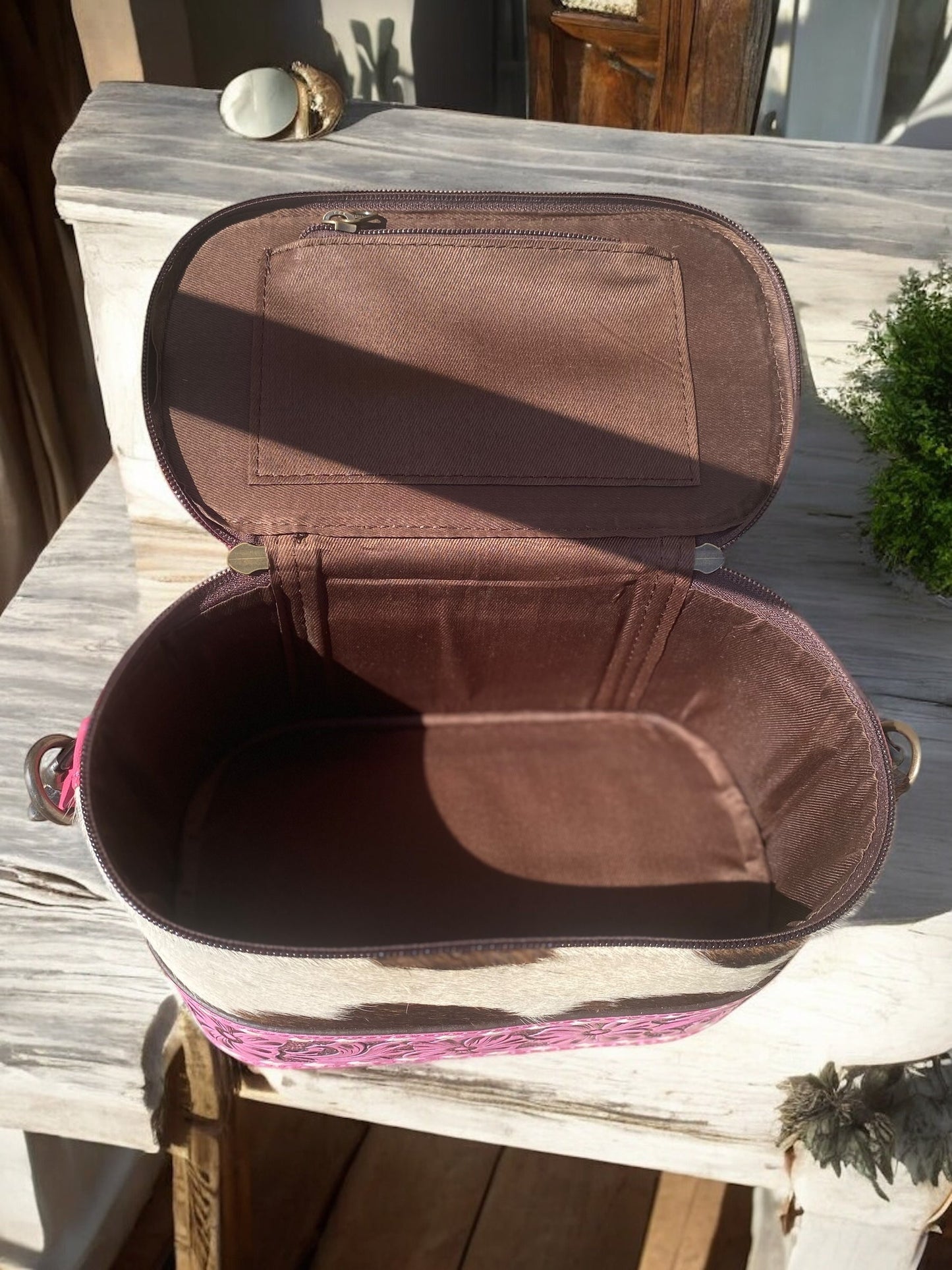 Cowhide & Pink Leather Make-Up Box Crossbody