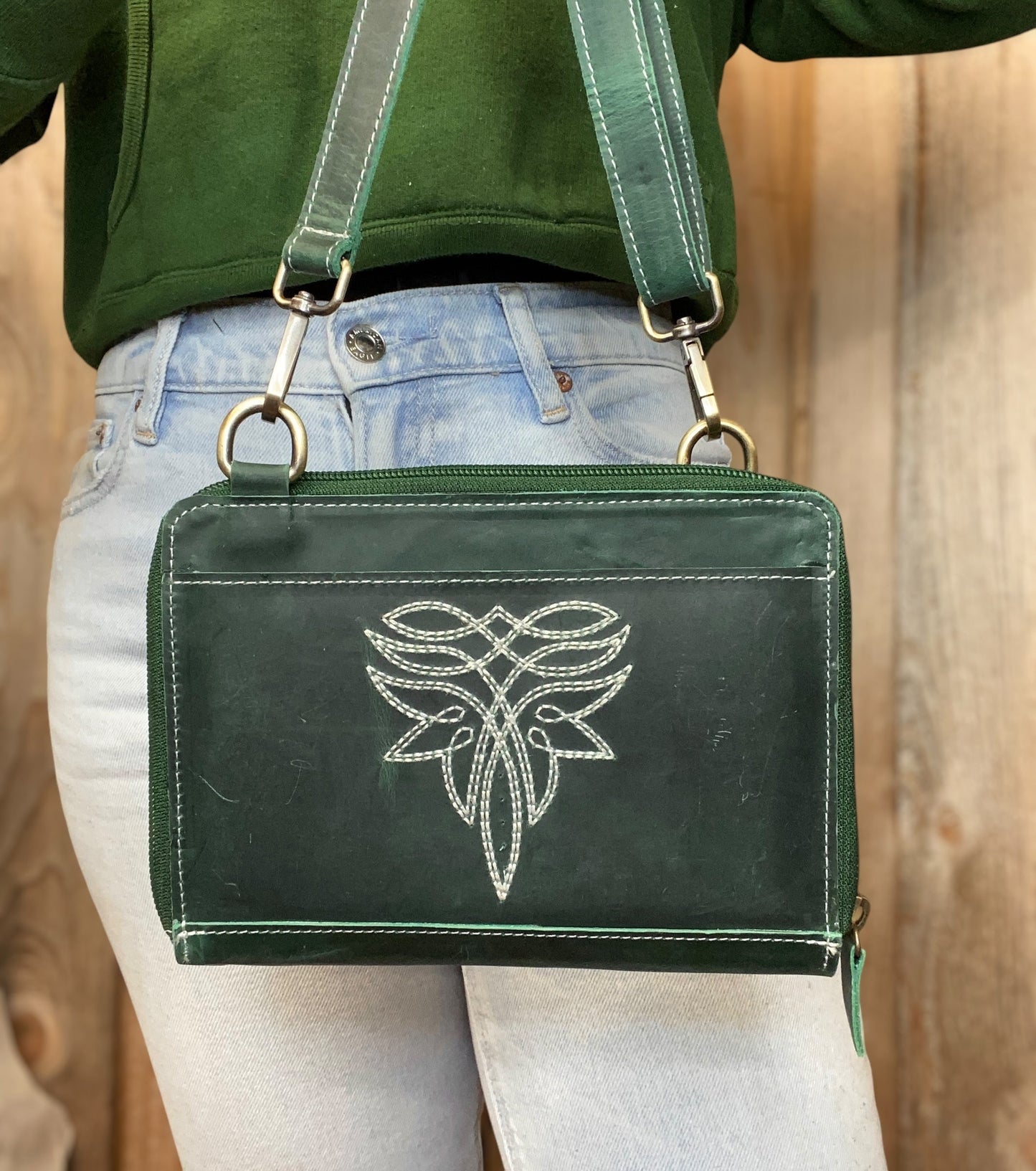 Emerald Bluebell Rustic Leather Clutch Crossbody