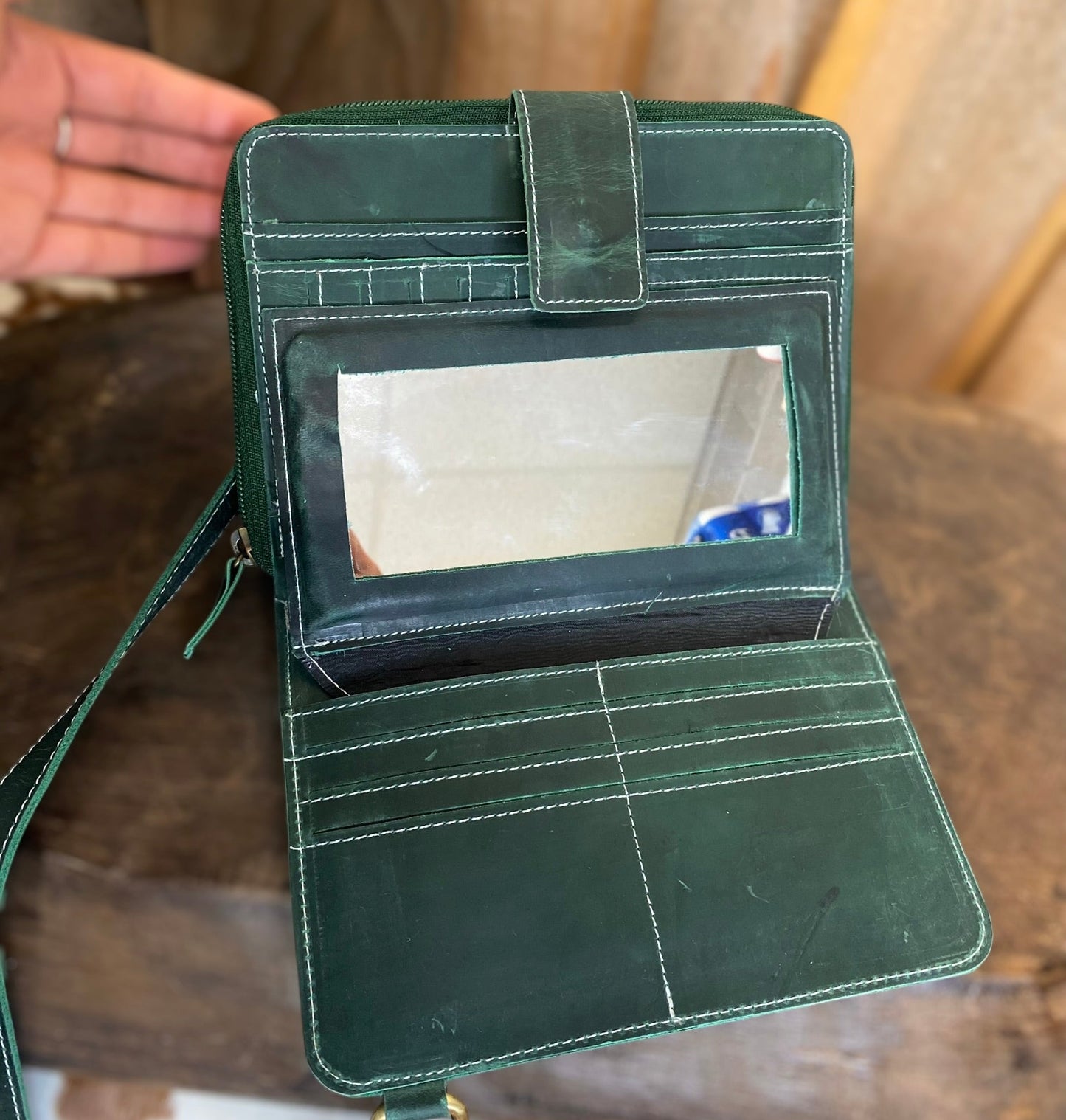 Emerald Bluebell Rustic Leather Clutch Crossbody