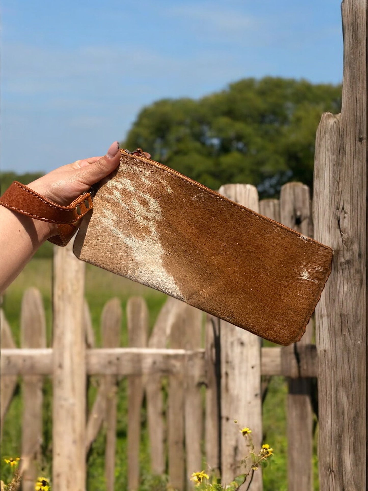 Tan Cowhide Fringe Long Wristlet