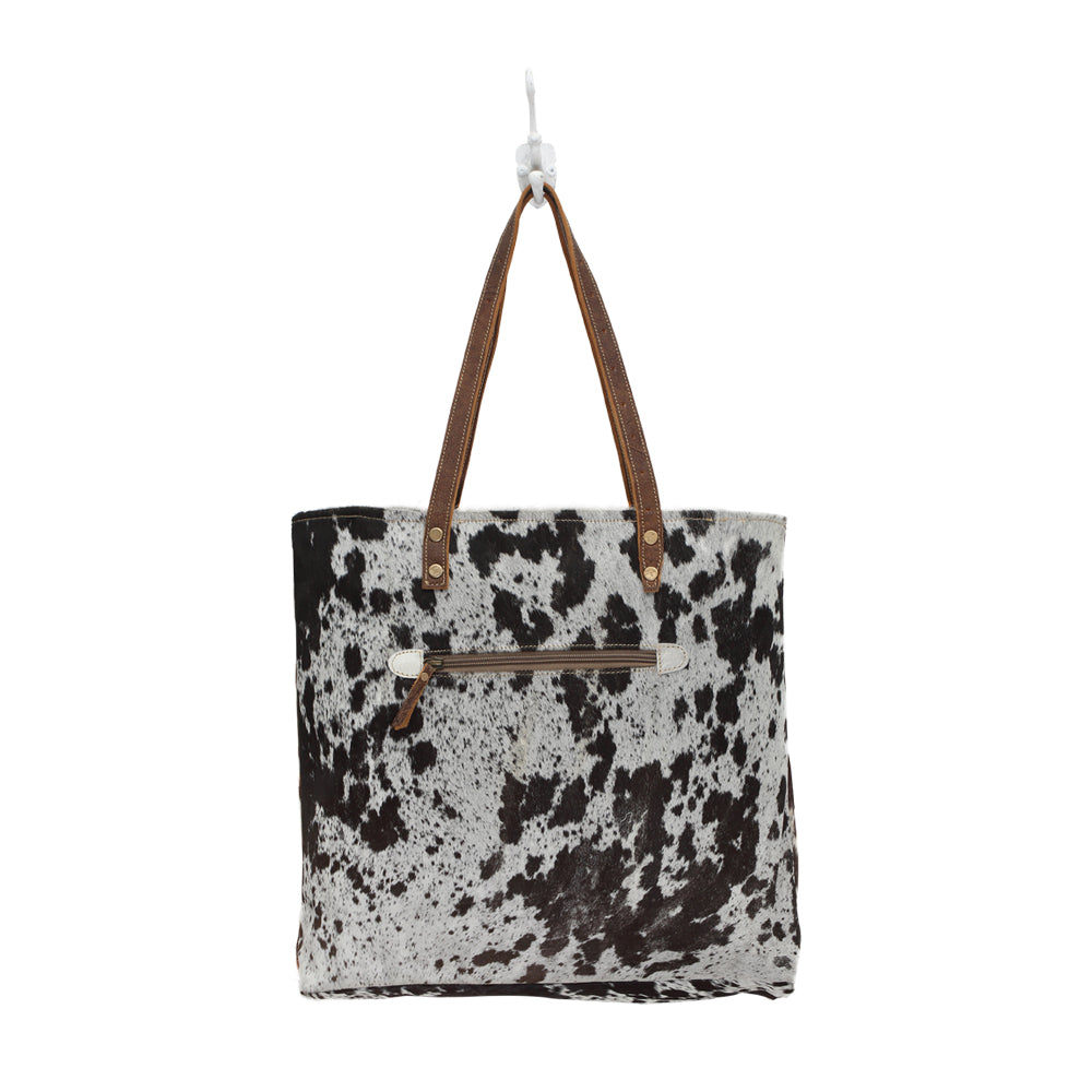 Myra Mesa Trail Patchwork Hairon Tote Bag for Women – Rustic Cowhide Design, Brown Leather Handles for Everyday Utility