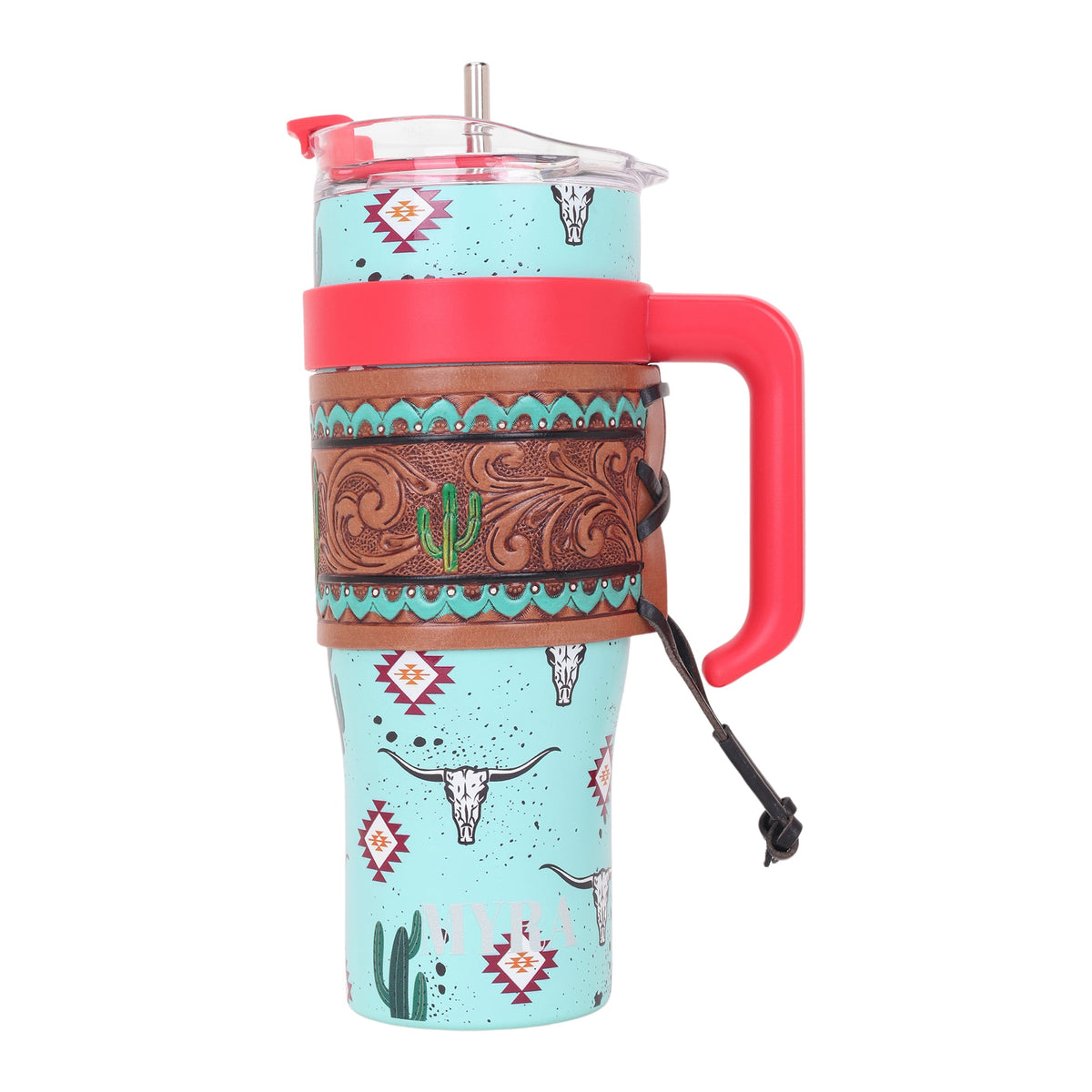 Myra Wide Wyoming Tumbler in sea blue with cowhide print and tooled leather design for everyday use