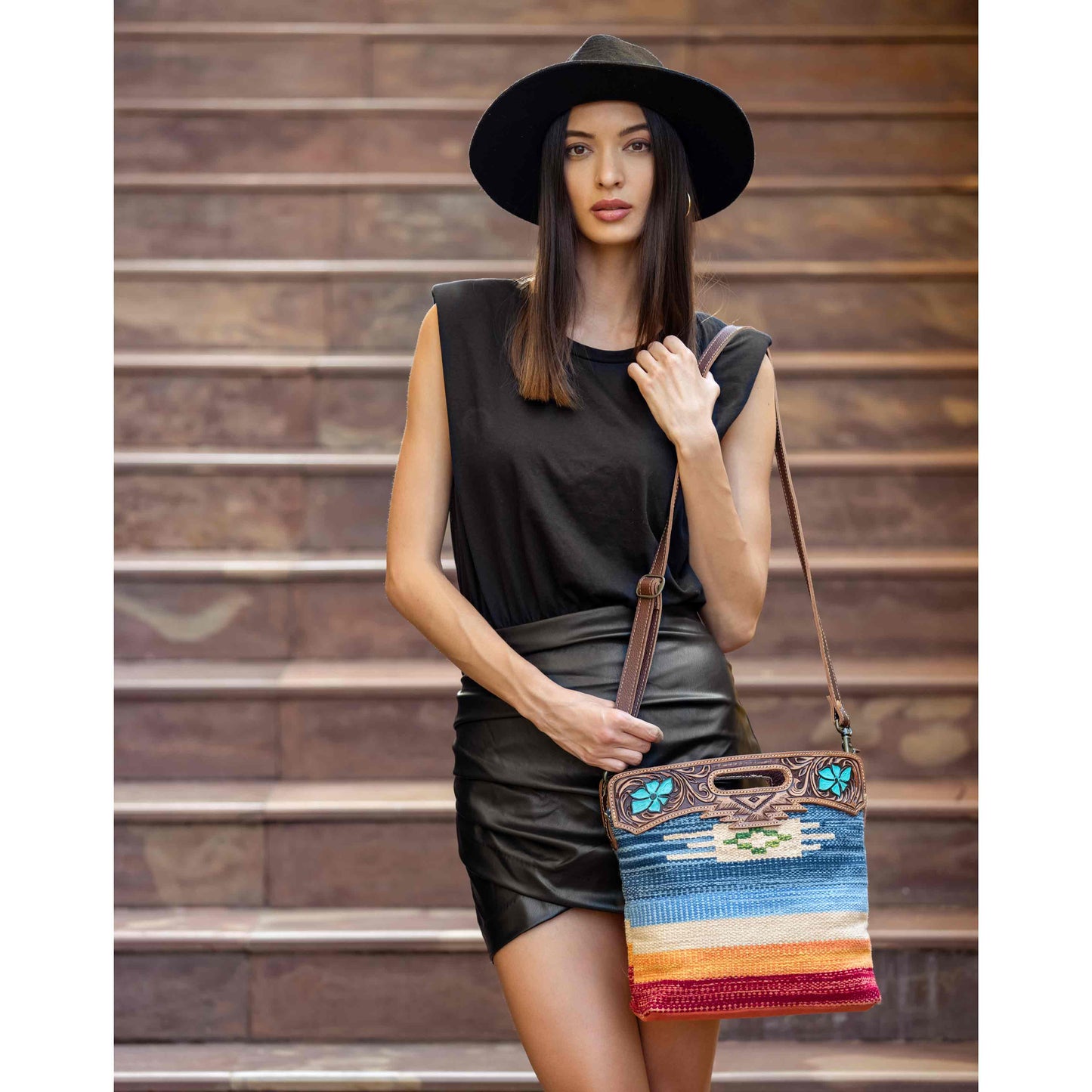 Myra Azure Petals Woven Crossbody Bag with Handtooled Leather – Multicolor Embroidery, Adjustable Strap & Cutout Handle
