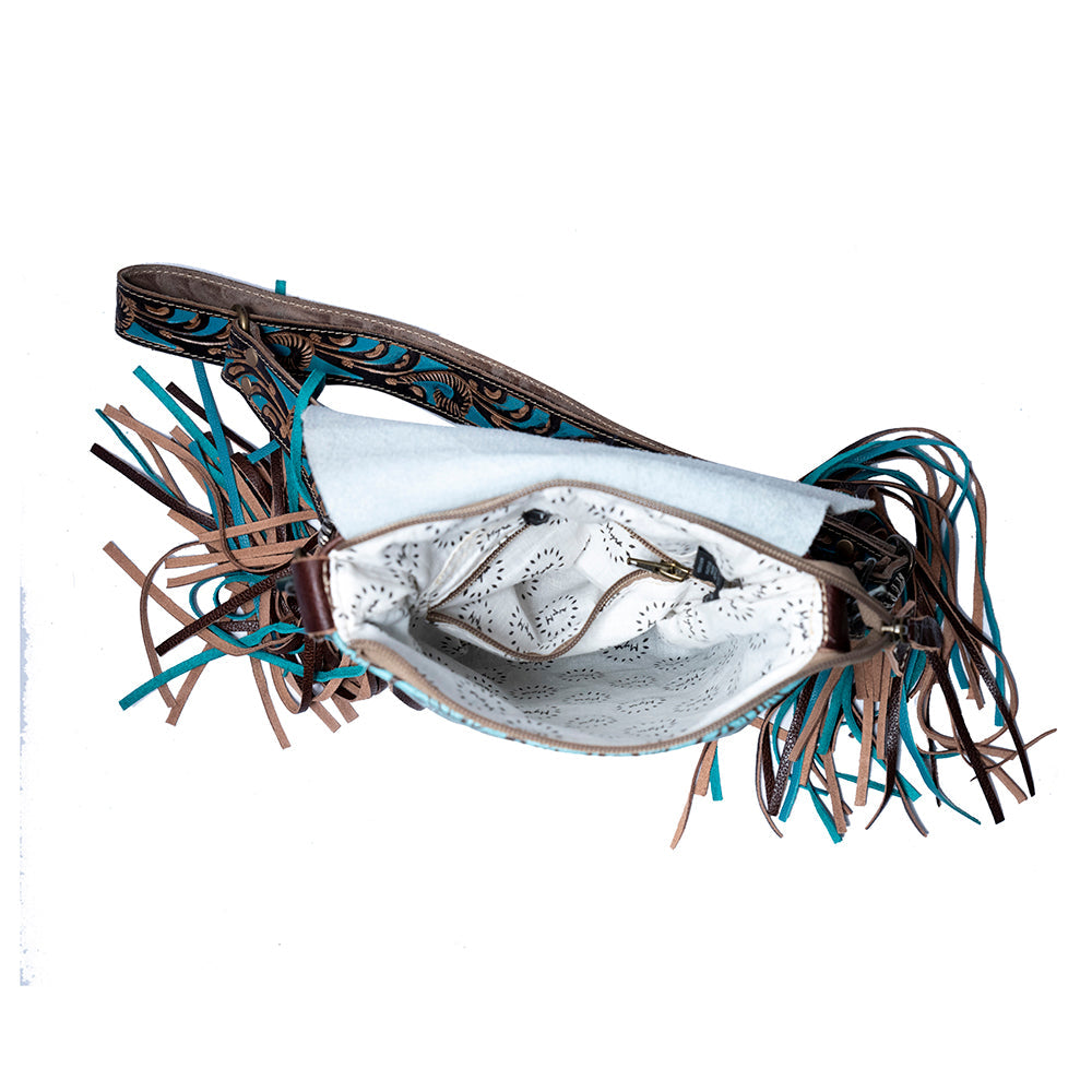 Myra Cobal Blue Concealed Carry Bag – Hair-On Leather Crossbody with Embossed Turquoise Panel and Fringe Detailing