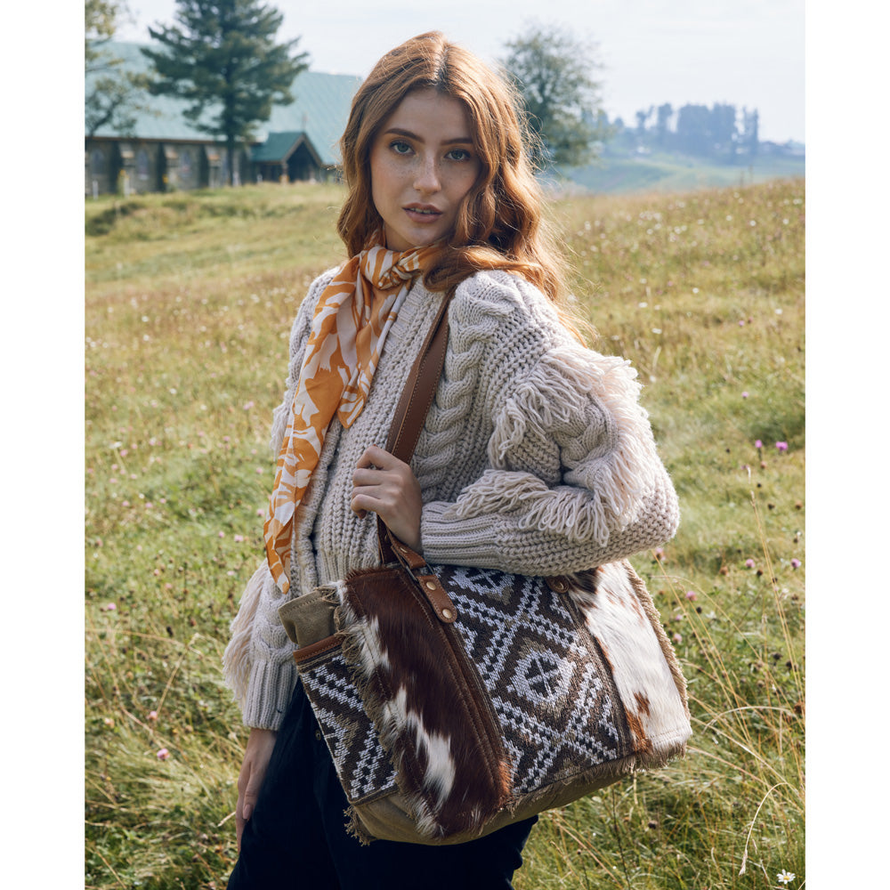 Myra Elisa Le Hairon Leather Tote Bag – Fringe Accents, Handwoven Tribal Design for Everyday Use