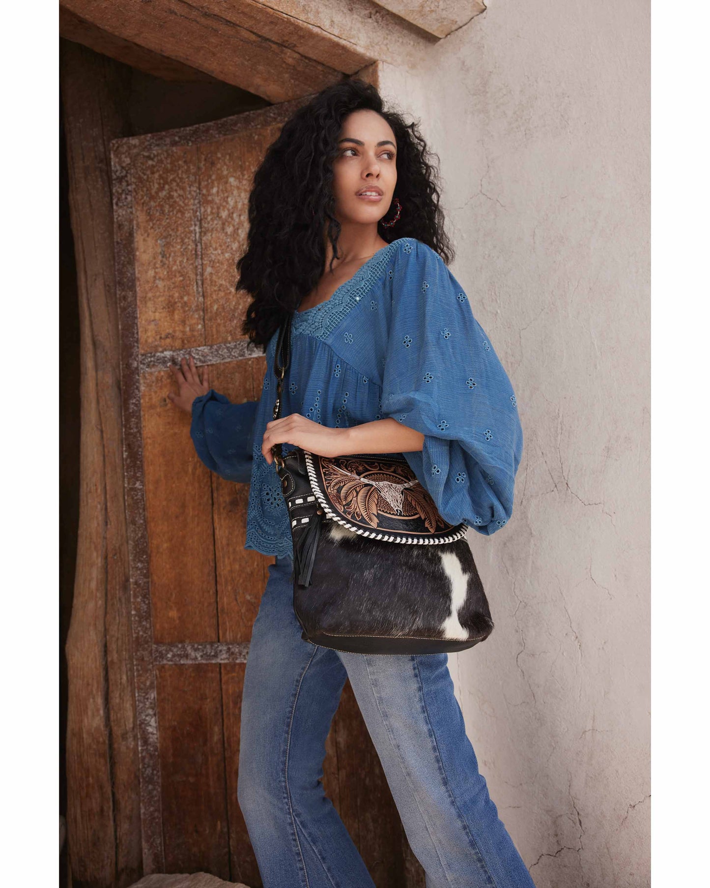 Myra Spirit of the Herd Hairon Leather Bag for Women – Western Cowhide Purse with Intricate Tooling