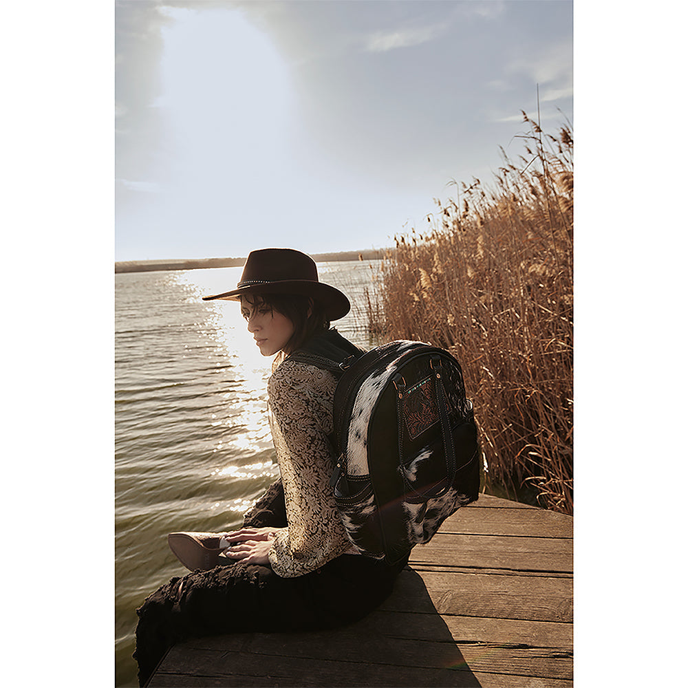 Myra My Vista Hairon Leather Backpack – Dual Handles, Floral Tooled Patch, Spacious Compartments