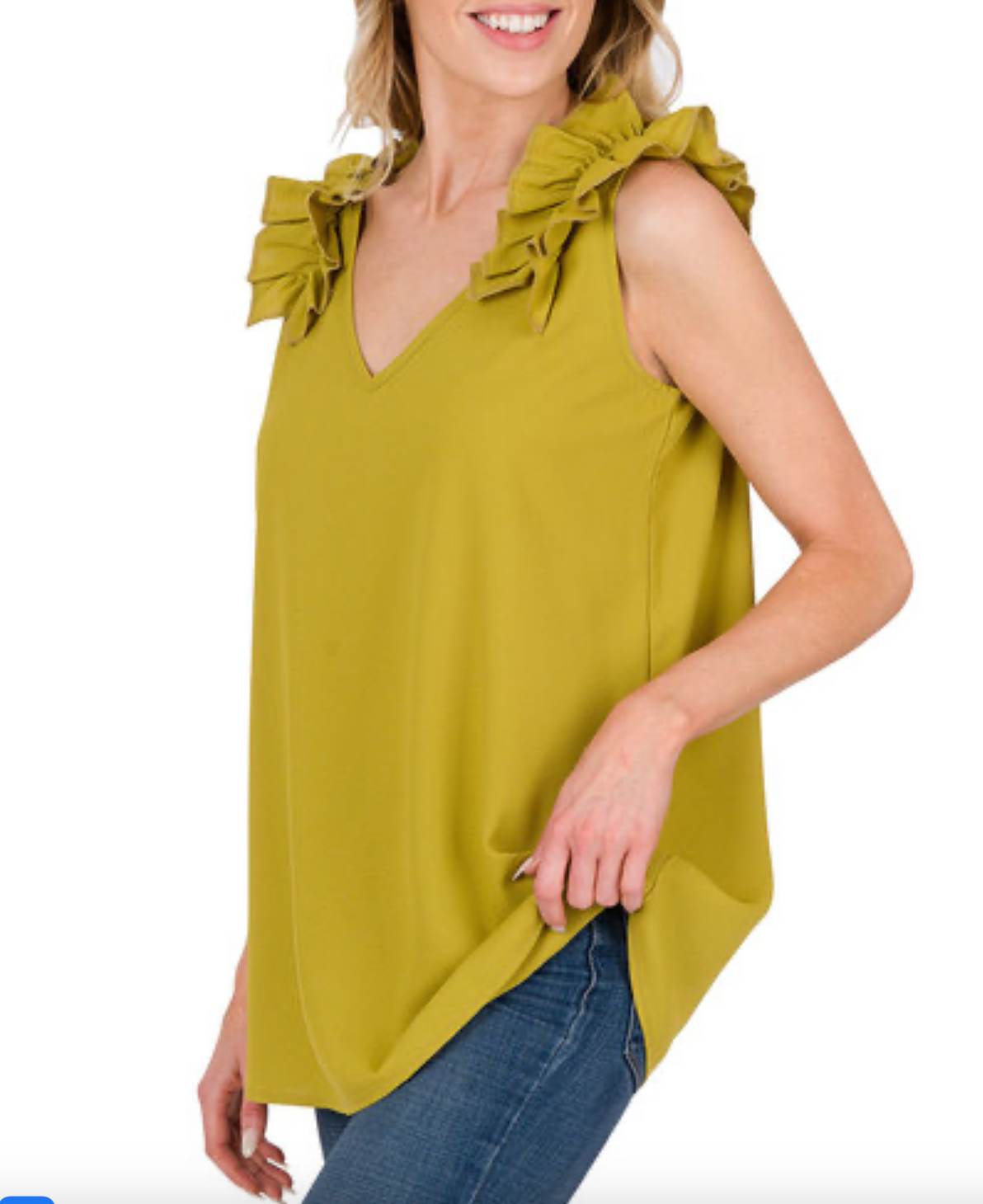 Olive Mustard - Ruffle Trim Sleeveless Top