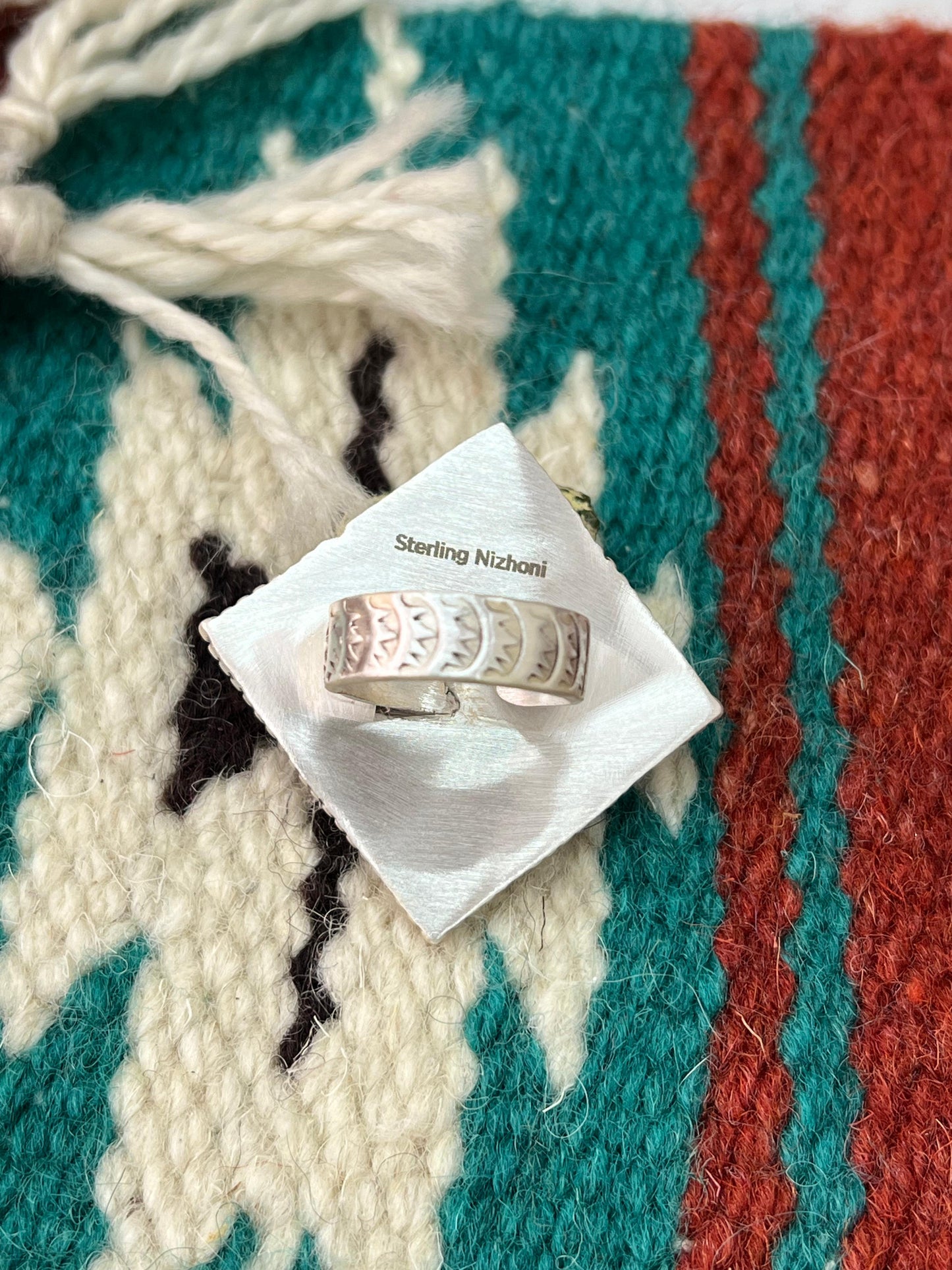 Handmade Sterling Silver White Buffalo Adjustable Ring with Signed Nizhoni