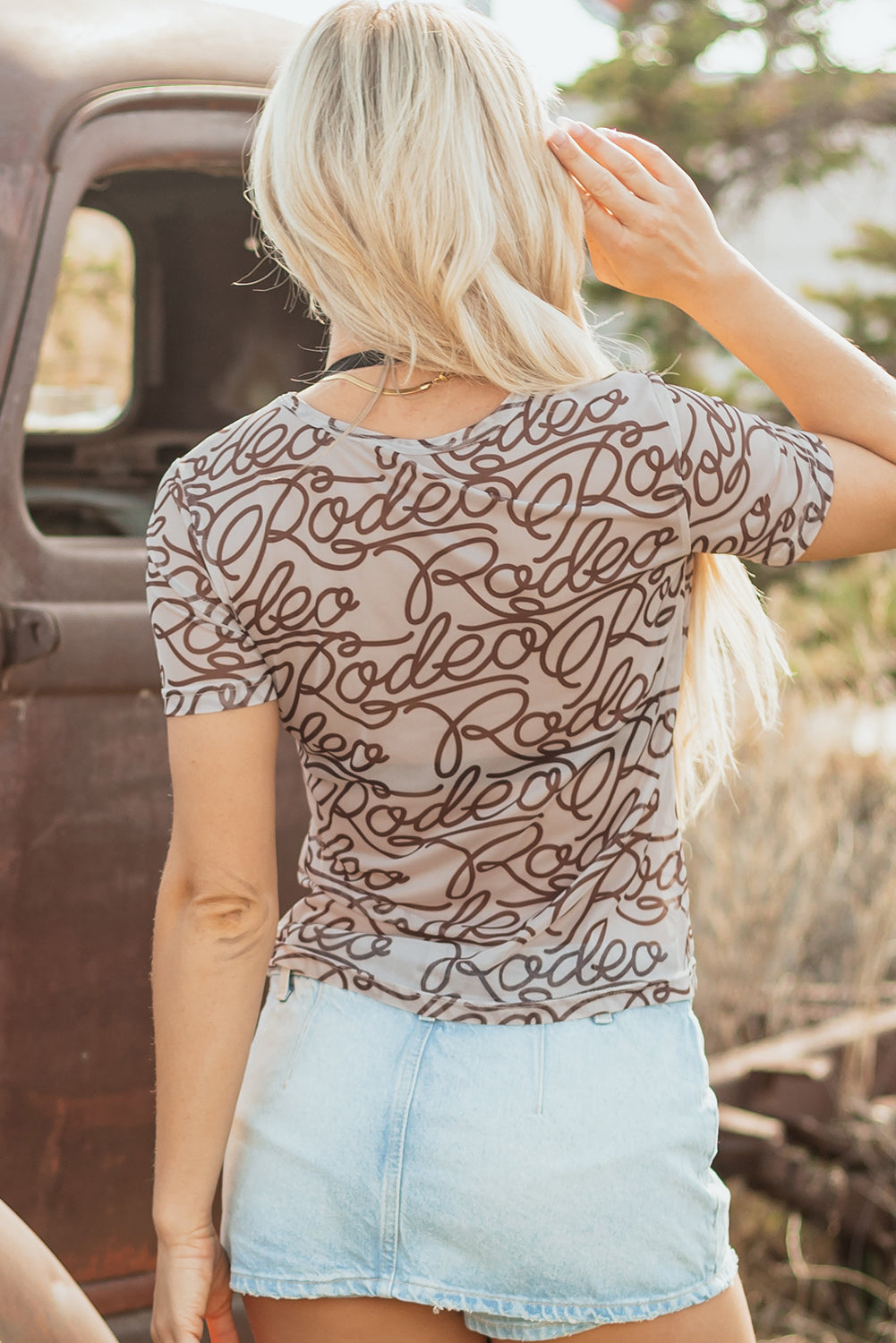 Brown Rodeo Print Round Neck Slim Fit Mesh T Shirt for Men