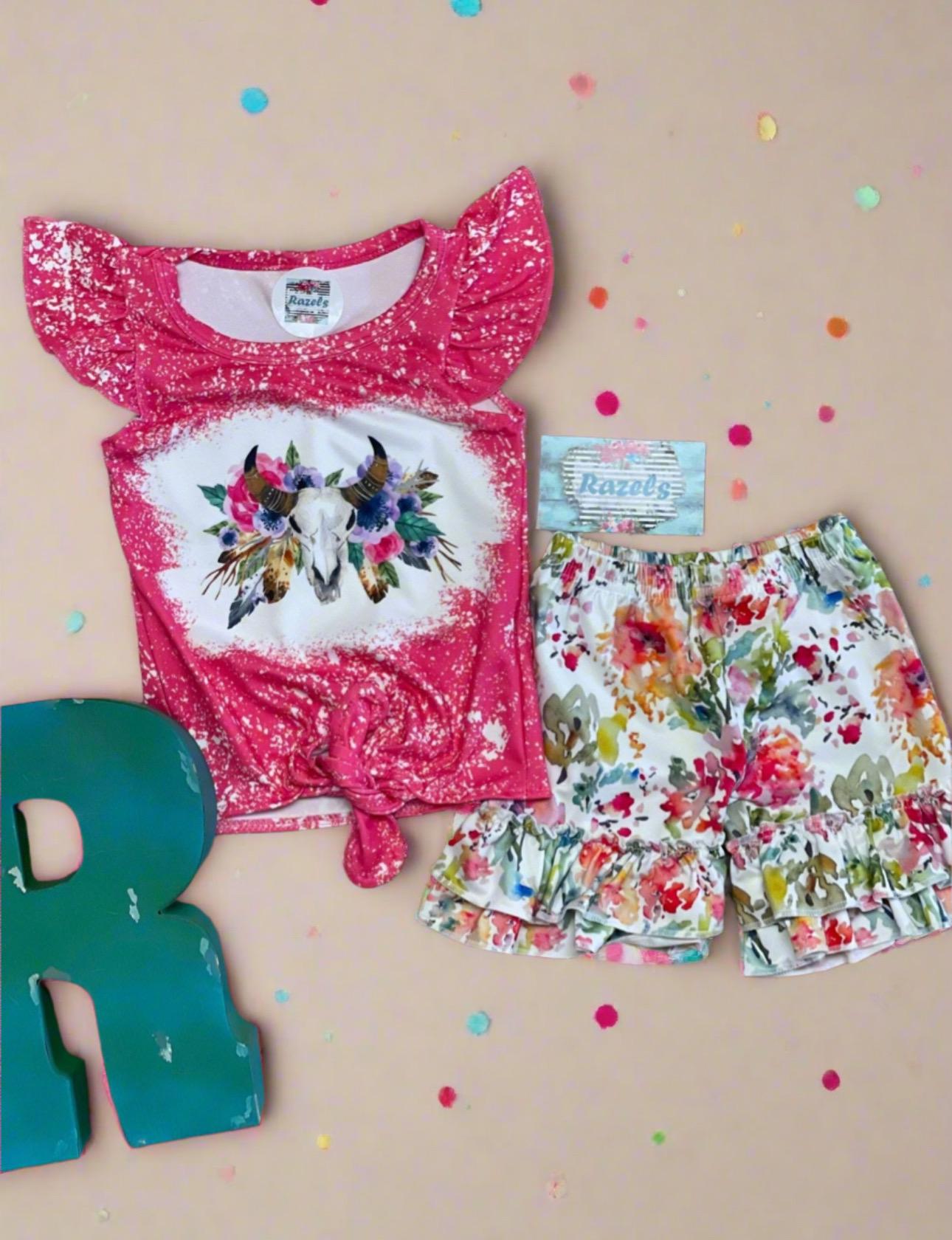 Cowgirl BOHO Short Set | Girls Flower Ruffle Shorts, Ruffle Sleeve Shirt